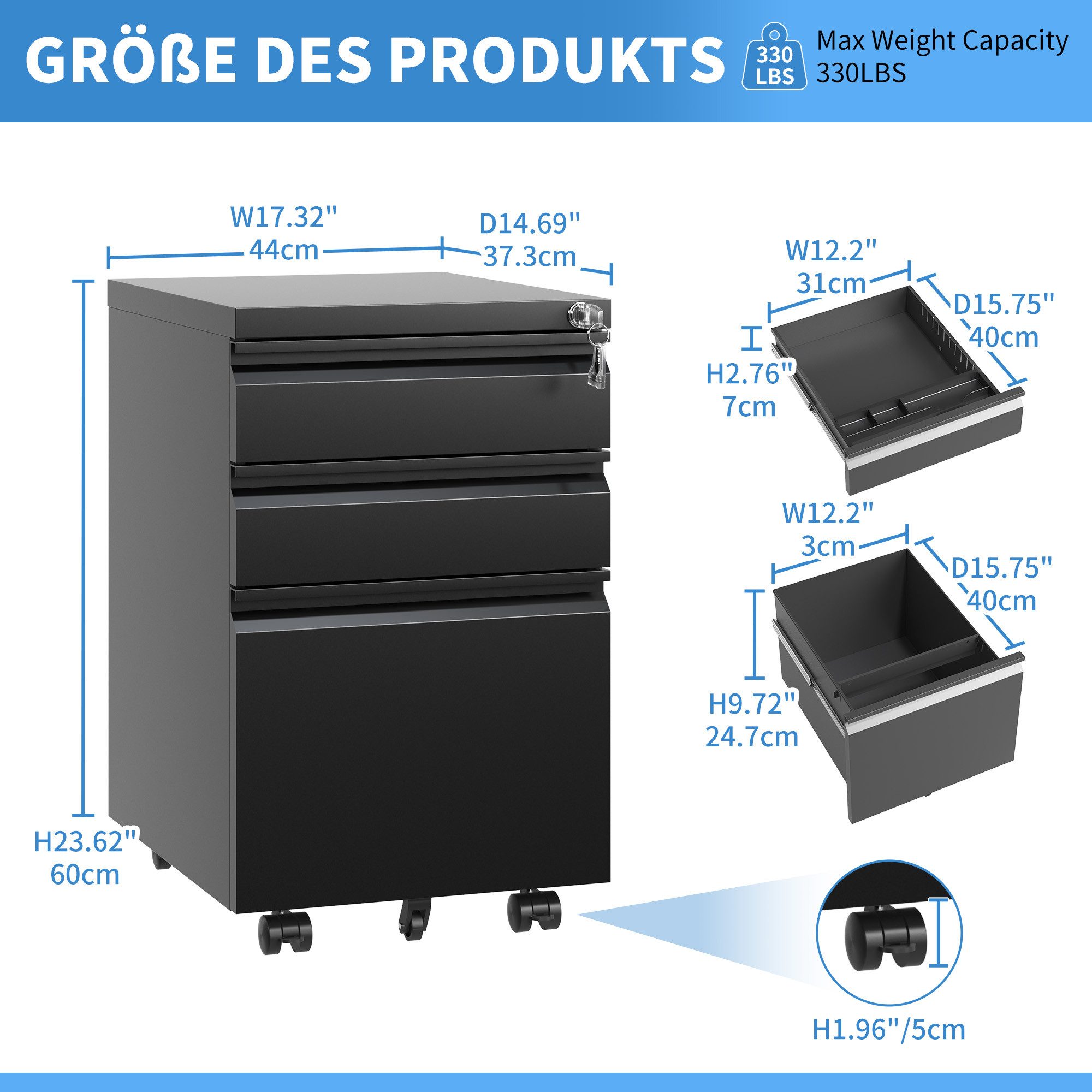 Odikalo Aktenschrank Aufbewahrung Rollcontainer Schloss Schubladen60×B37.3×T44 Schwarz/Weiß