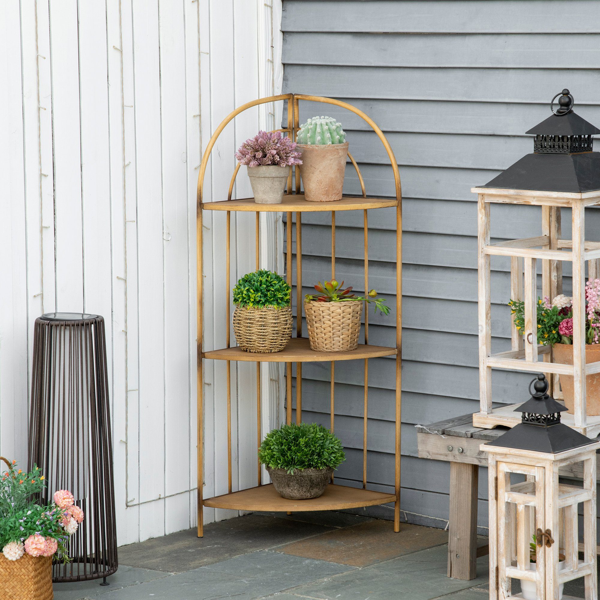 Outsunny Pflanzentreppe Klappbarer Pflanzenständer mit 3 Ebenen (Blumenständer, 1 St., Pflanzenständer), Metall, Braun, 36,5 x 36,5 x 108 cm