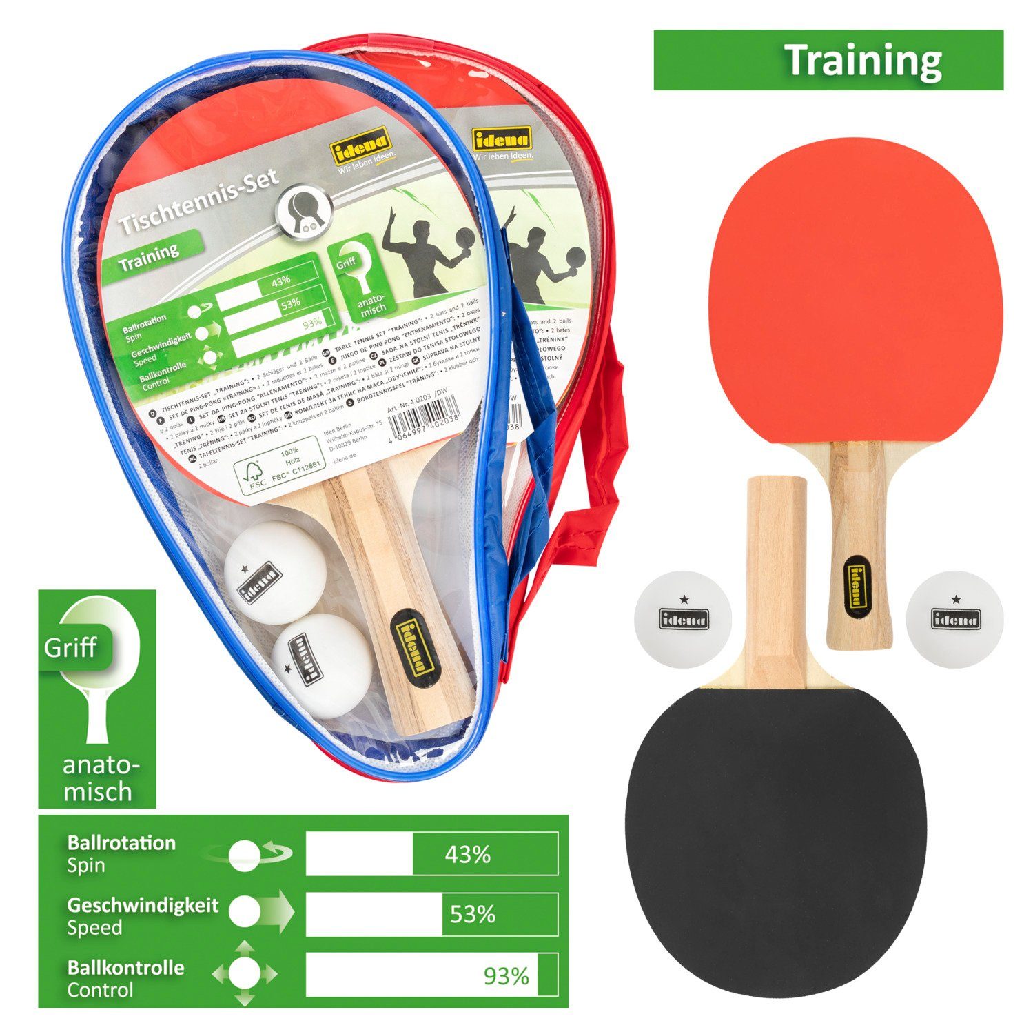 Idena Tischtennisschläger Idena- Tischtennis Set (Set, 2 Schläger, inkl. 2 Bälle und Tasche)
