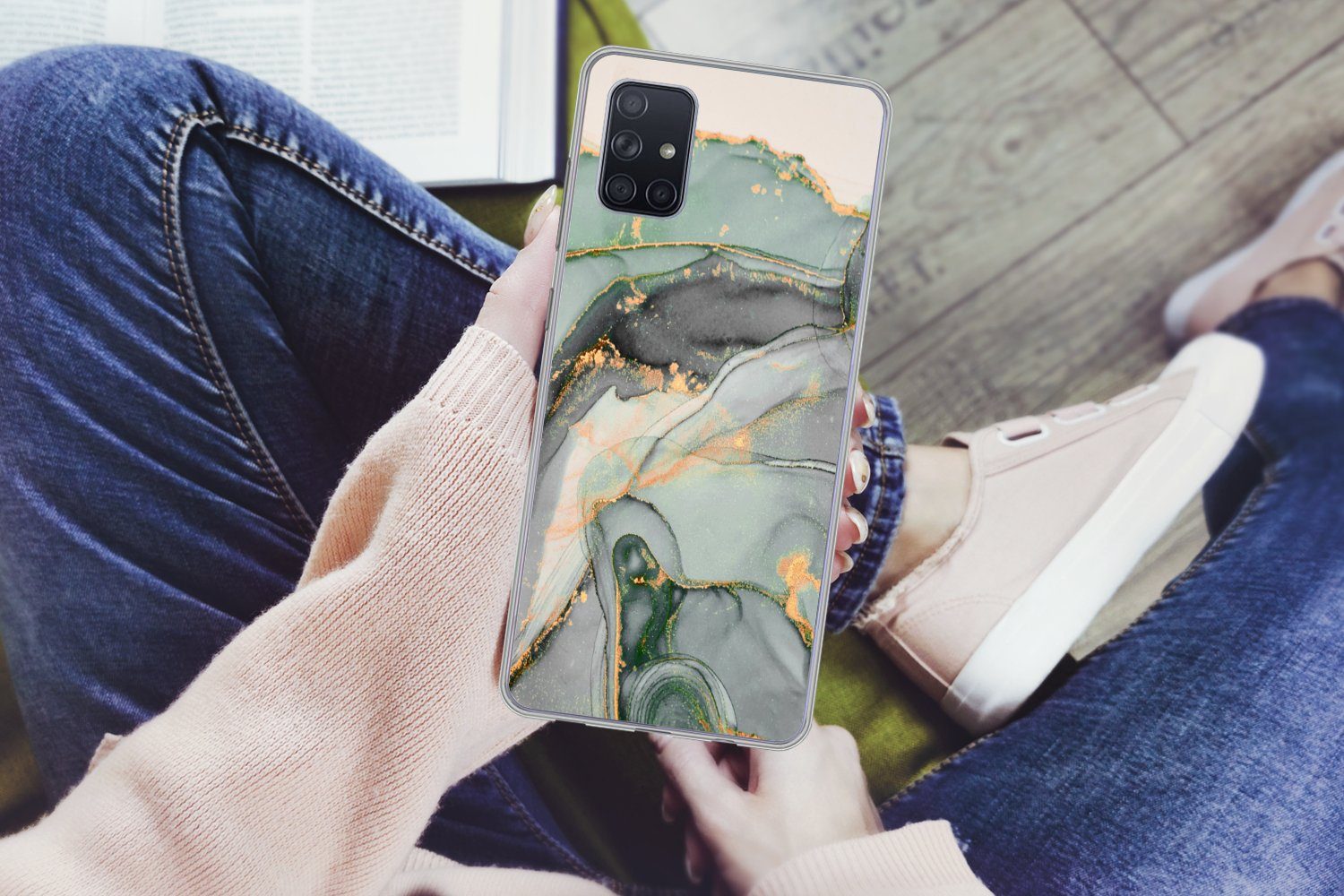 MuchoWow Handyhülle für Samsung Galaxy A71 Gold - Marmor - Grün - Luxus - Glitzer - Marmor, Phone Case, Silikon, Schutzhülle Dünn