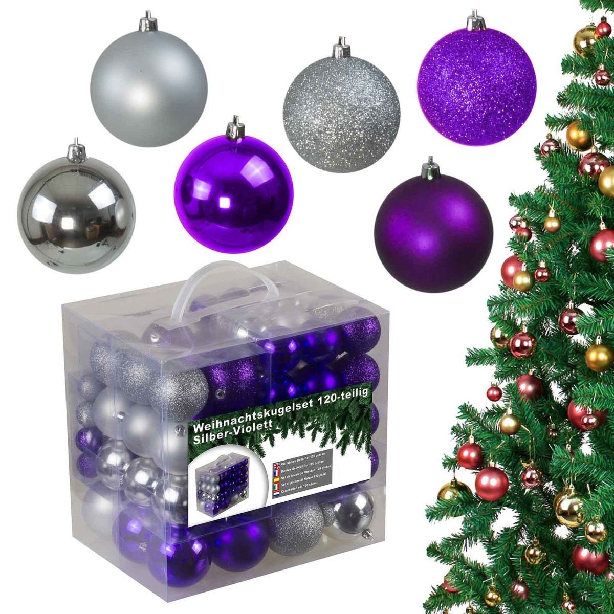 bonsport Weihnachtsbaumkugel Weihnachtskugeln (120 St) Silber/Violett | Weihnachtskugeln