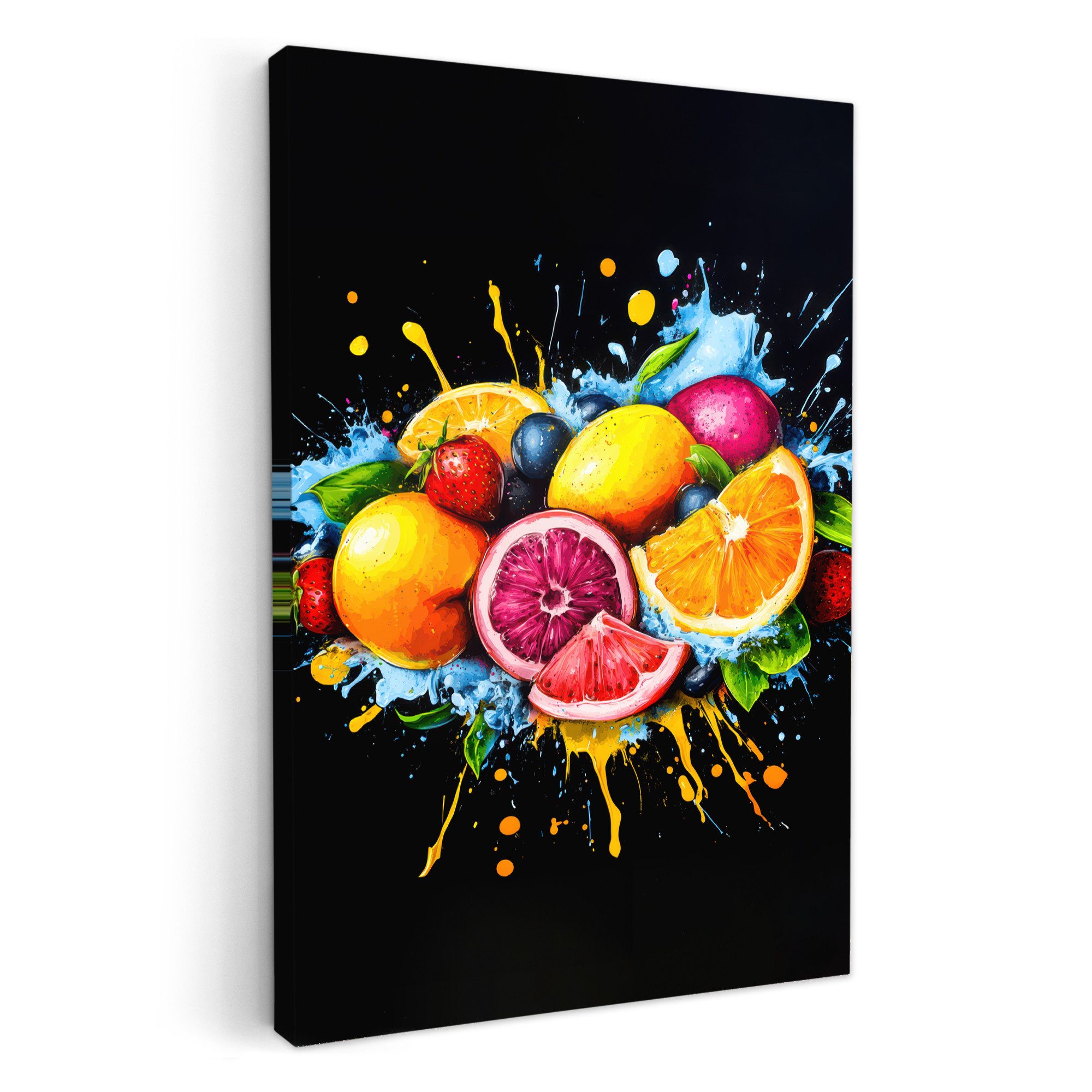 OneMillionCanvasses® Leinwandbild Obst - Graffiti - Bunt - Orange - Erdbeere - Abstrakt, Fotodruck (1 St), Wandbilder für Esszimmer, Wanddeko Bilder Küche 20x30 cm