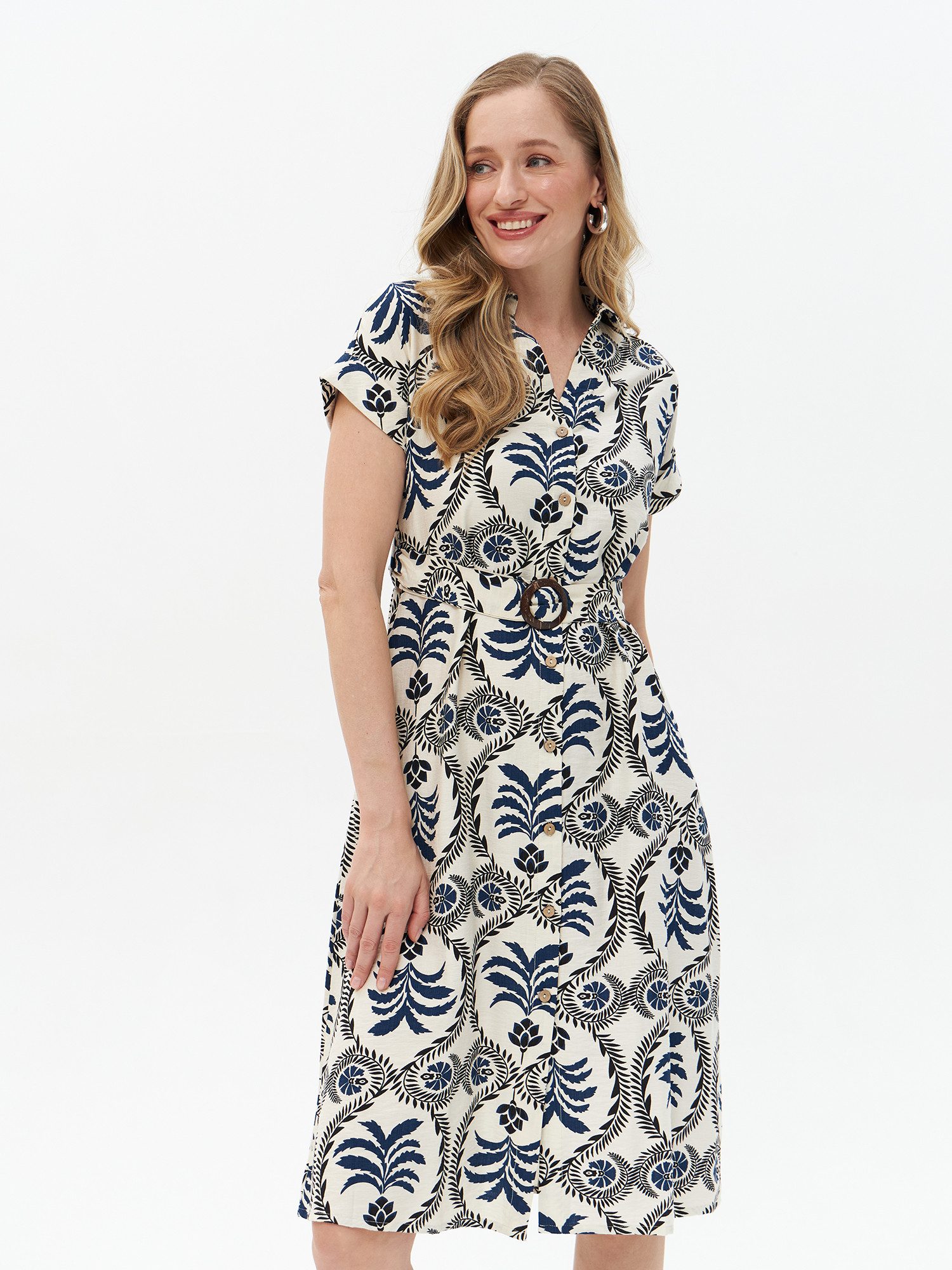 Passioni Hemdblusenkleid Sommer Midikleid mit Print Knielang mit allover Print in Ecru-Navy