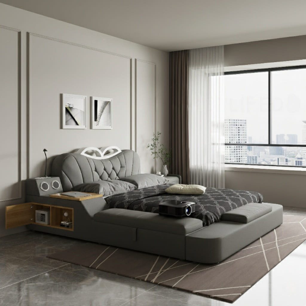 JVmoebel Multimediabett Multifunktionales Bett Moderner Stil Grau Holzrahmen Entspannend (2-tlg)