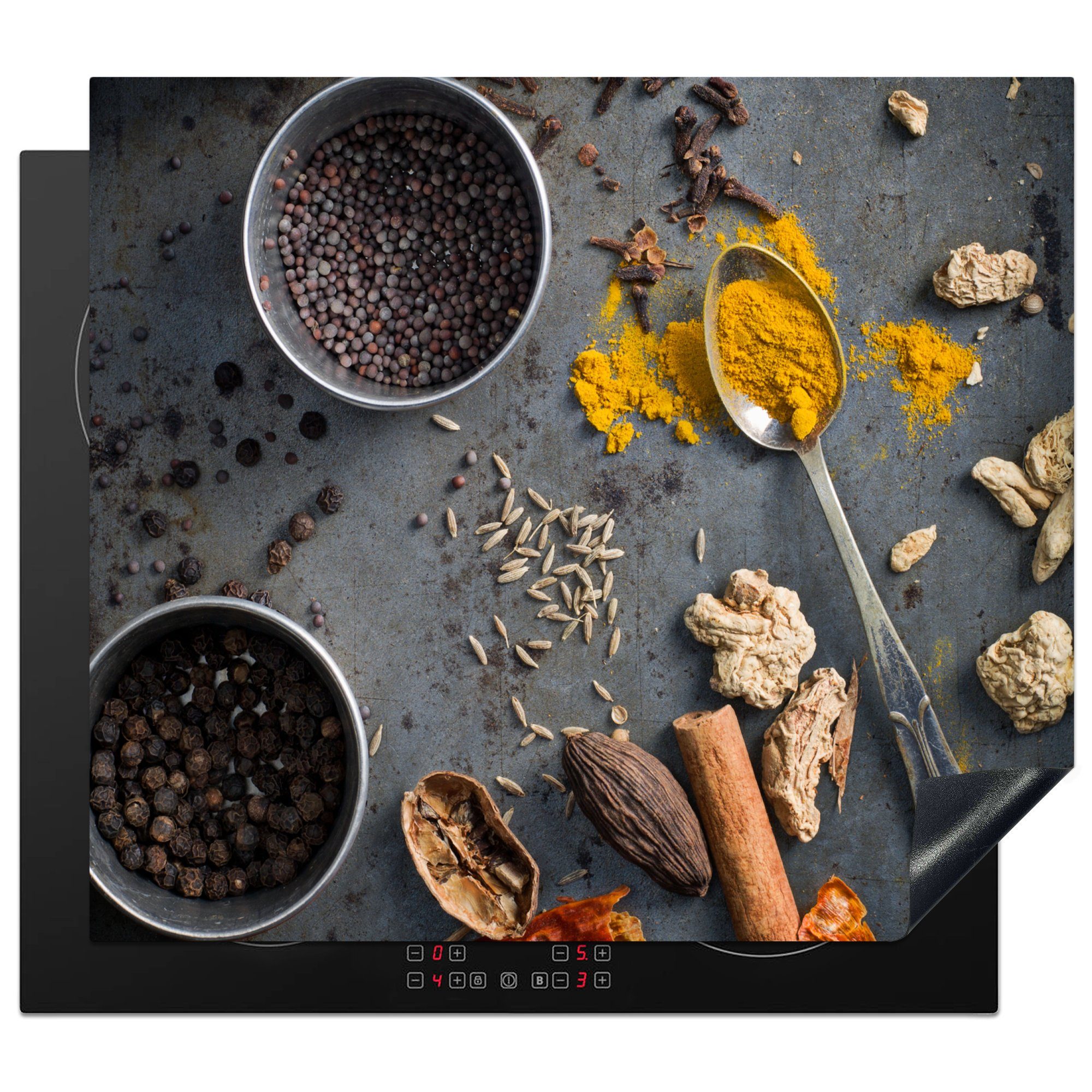 MuchoWow Herdblende-/Abdeckplatte Kräuter - Schale Lebensmittel die - tlg), küche, 59x52 Induktionsmatte Vinyl, - Gewürze, (1 - cm, Löffel für Ceranfeldabdeckung