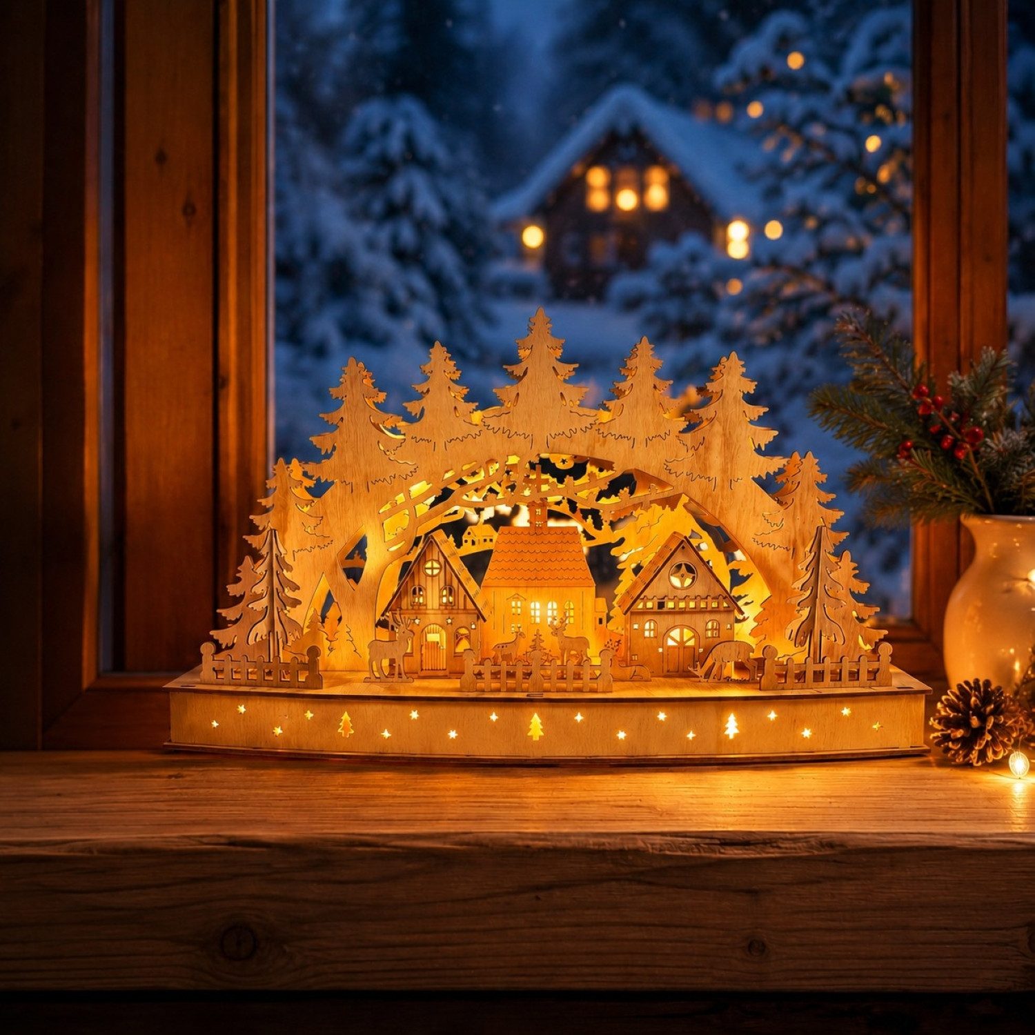 Online-Fuchs LED Schwibbogen Lichterbogen mit LED-Beleuchtung und 6-Stunden Timer - Weihnachtsdeko, kleiner, feiner Lichterbogen mit einer schönen Waldszenerie