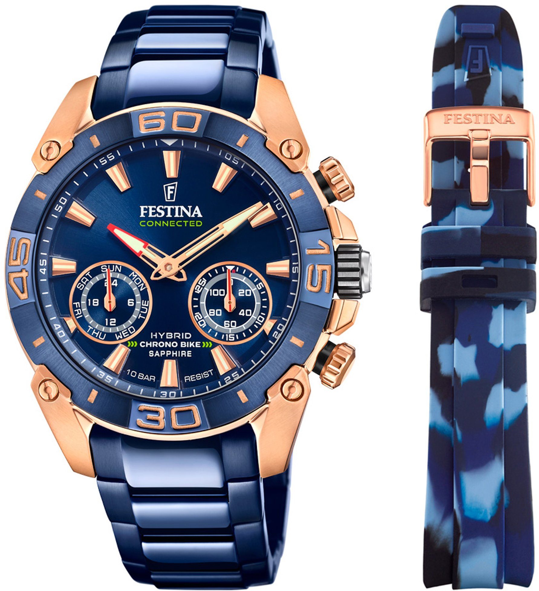 Festina Chronograph Chrono Bike 2021 - Special Edition Connected, F20549/1, (Set, 2-tlg., mit Wechselband), Armbanduhr, Quarzuhr, Herrenuhr, Stoppfunktion, ideal als Geschenk