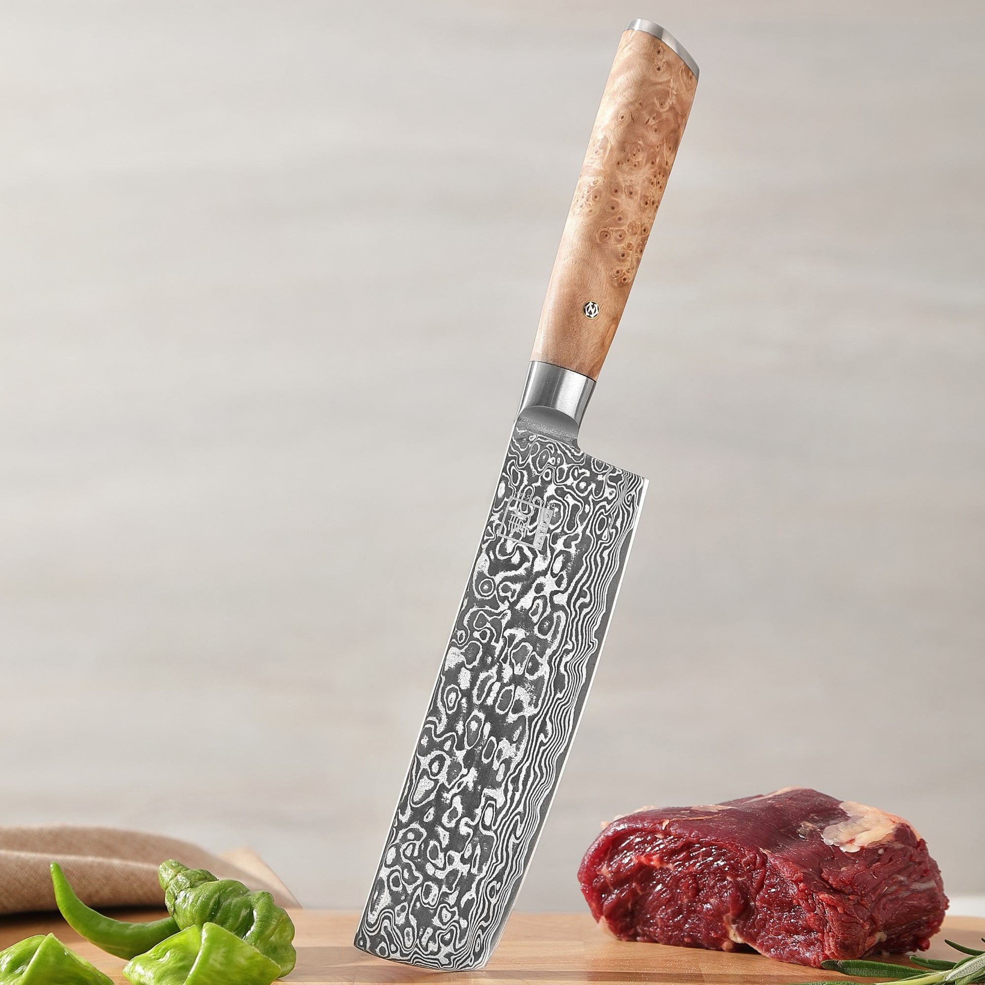 ZAYIKO Asiamesser Kinone Damast Nakiri Küchenmesser 17,5cm Klinge Wurzelholzgriff, schwarzer Damaststahl, VG10-Kern