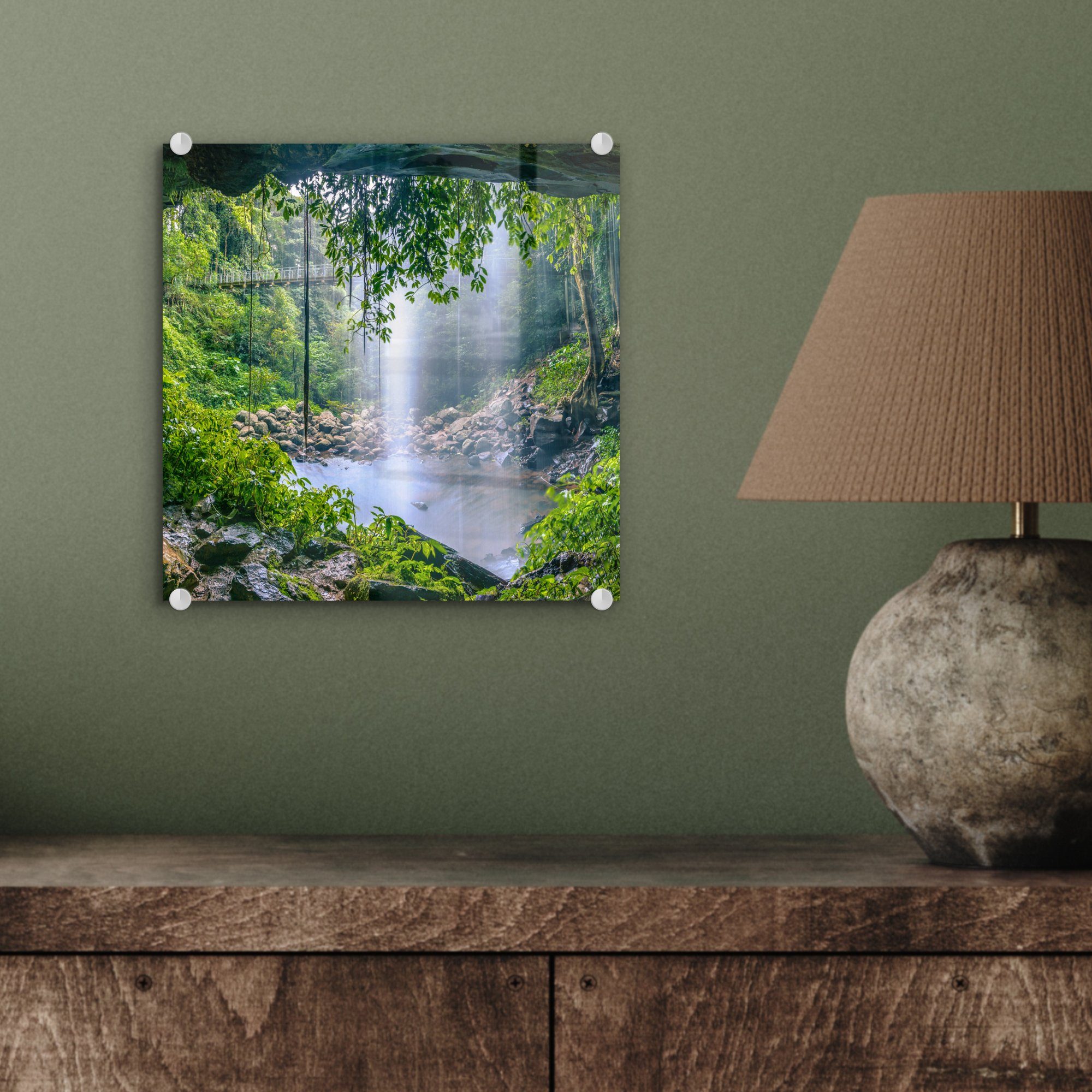 Dschungel - - - Pflanzen, MuchoWow Wandbild Bilder Glas Wanddekoration St), Foto - Acrylglasbild Glas - - Wasserfall - Glasbilder Wasser bunt auf (1 Regenwald auf