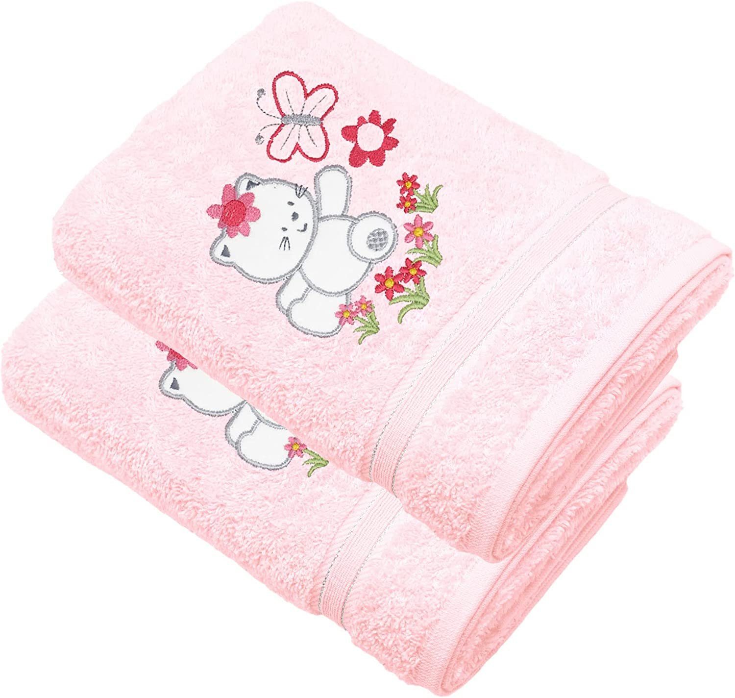 Lashuma Neugeborenen-Geschenkset (Set, 2-tlg) Mädchen Kinderhandtücher rosa 50x90 cm bestickt Katze | Erstausstattungspakete