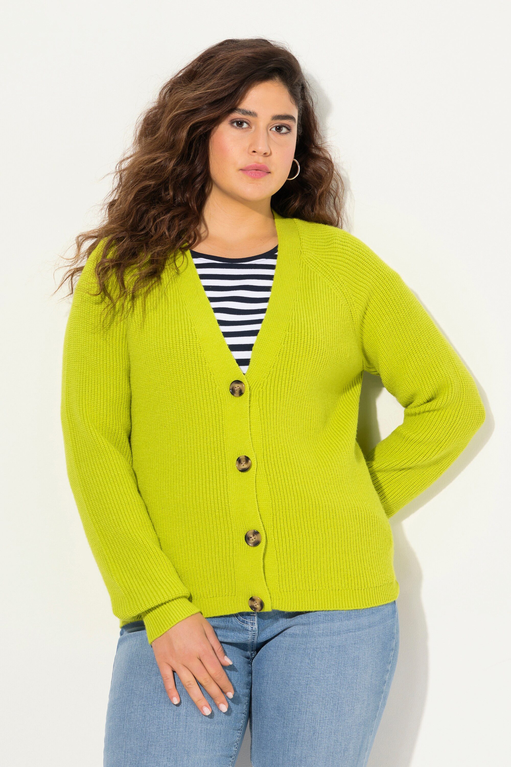 Ulla Popken Cardigan A Righe Con Scollo A V E Maniche Lunghe, Modello 845890, In Maglia Morbida