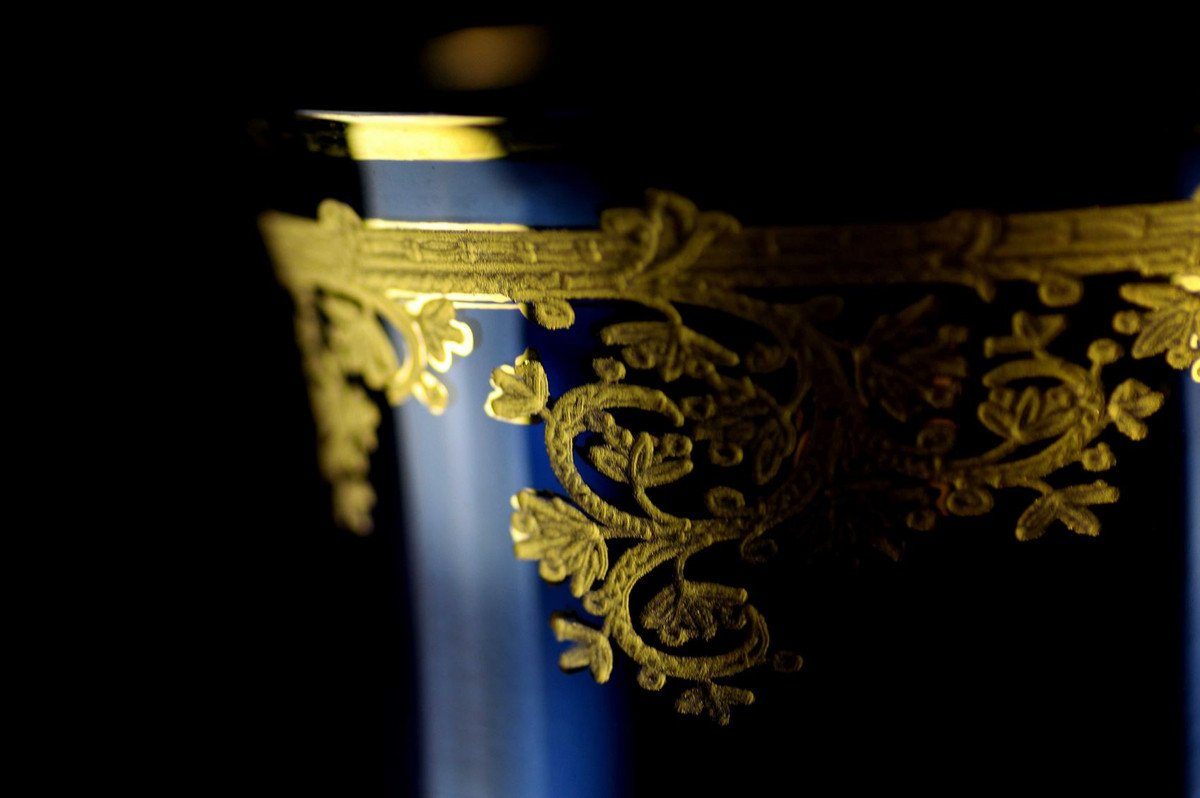 Casa Padrino Glas - Qualität cm Restaurant und - 6er Luxus Blau H. Biergläser Wassergläser 9 12 - Handgefertigte Weingläser Ø Barock - Gold Set Accessoires Wasserglas / & Hotel Luxus - x handbemalte