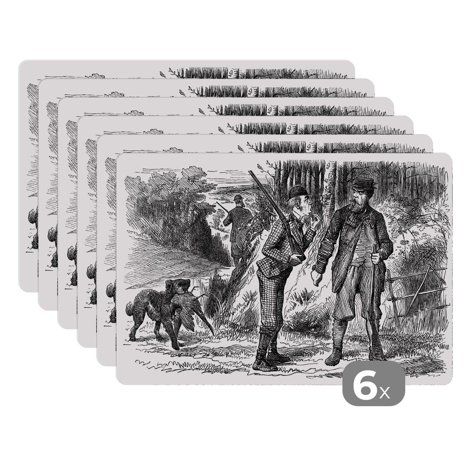 Platzset, Eine Illustration von drei Jägern mit einem Jagdhund, MuchoWow, (6-St), Platzset, Platzdecken, Platzmatte, Tischmatten, Schmutzabweisend