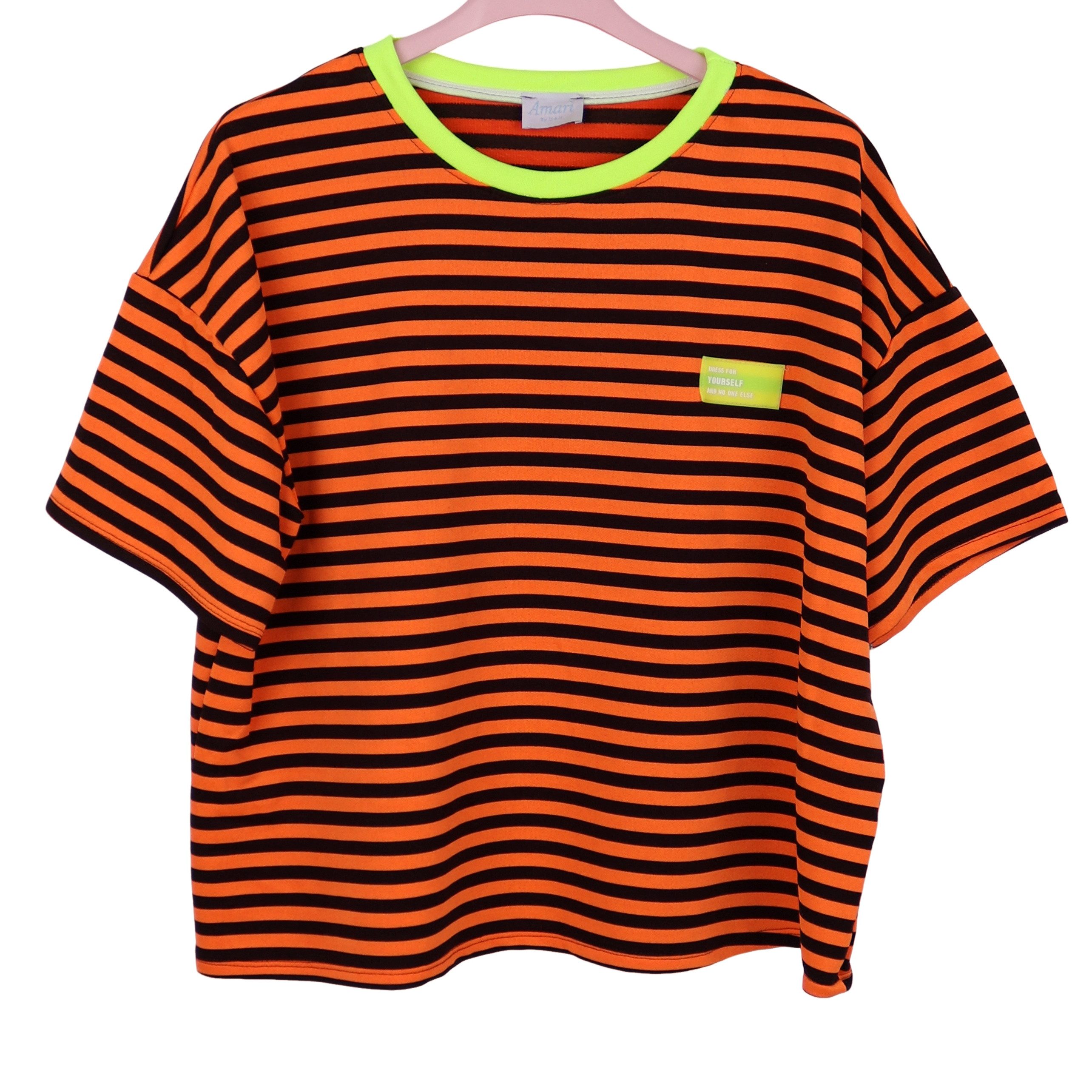 MIRROSI Sweatshirt Damen Kurzarm T Shirt Oversize Neonfarben Streifenmuster Ringelshirt, One Size Passform (ca. Gr. 34–40); Made in Italy