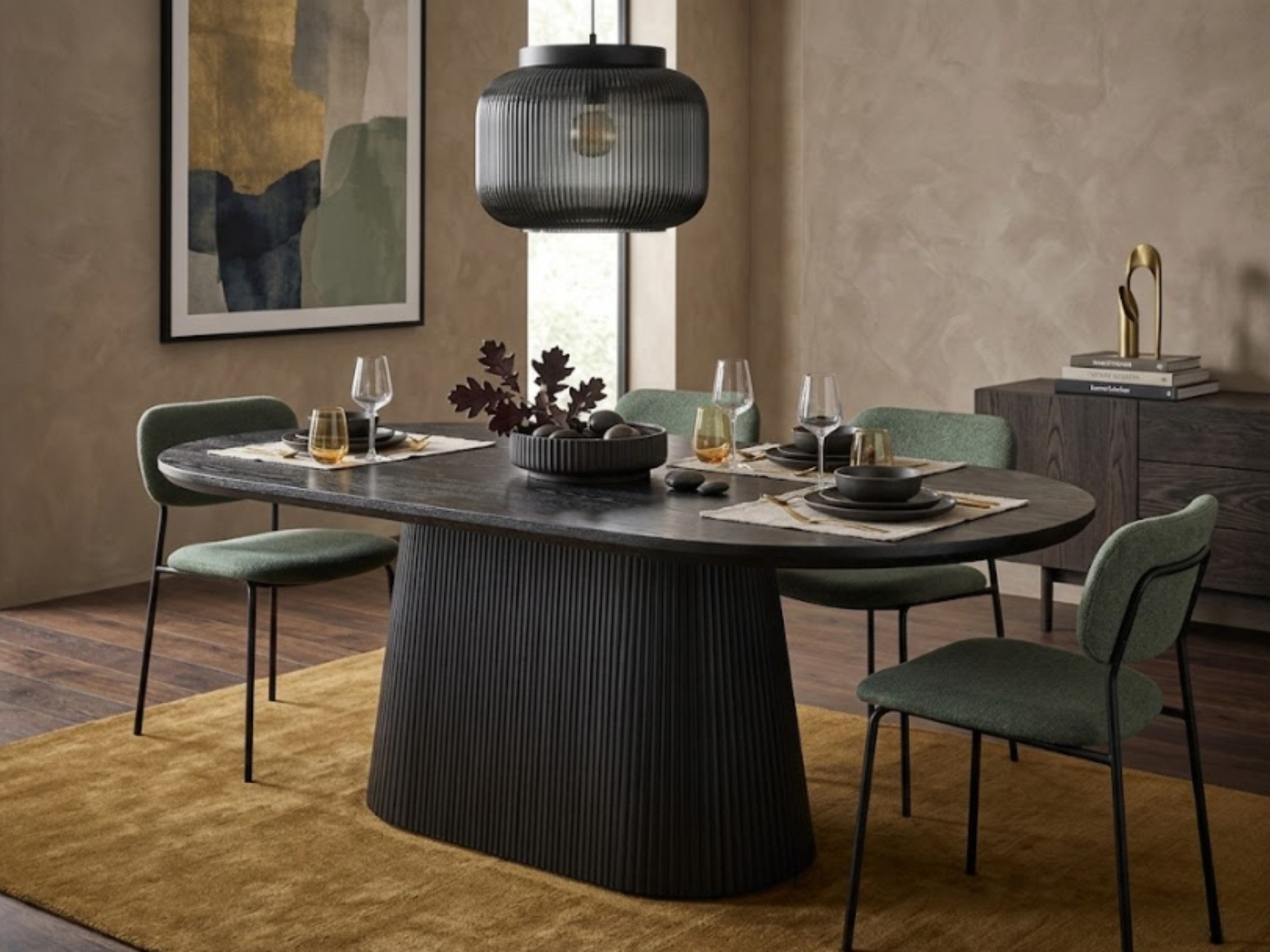 alesvelt Esstisch Dervio MDF Tischplatte in edler Holzoptik Tischbein im Säulenstil oval (1-Tisch), 200x100x75cm, MDF schwarz