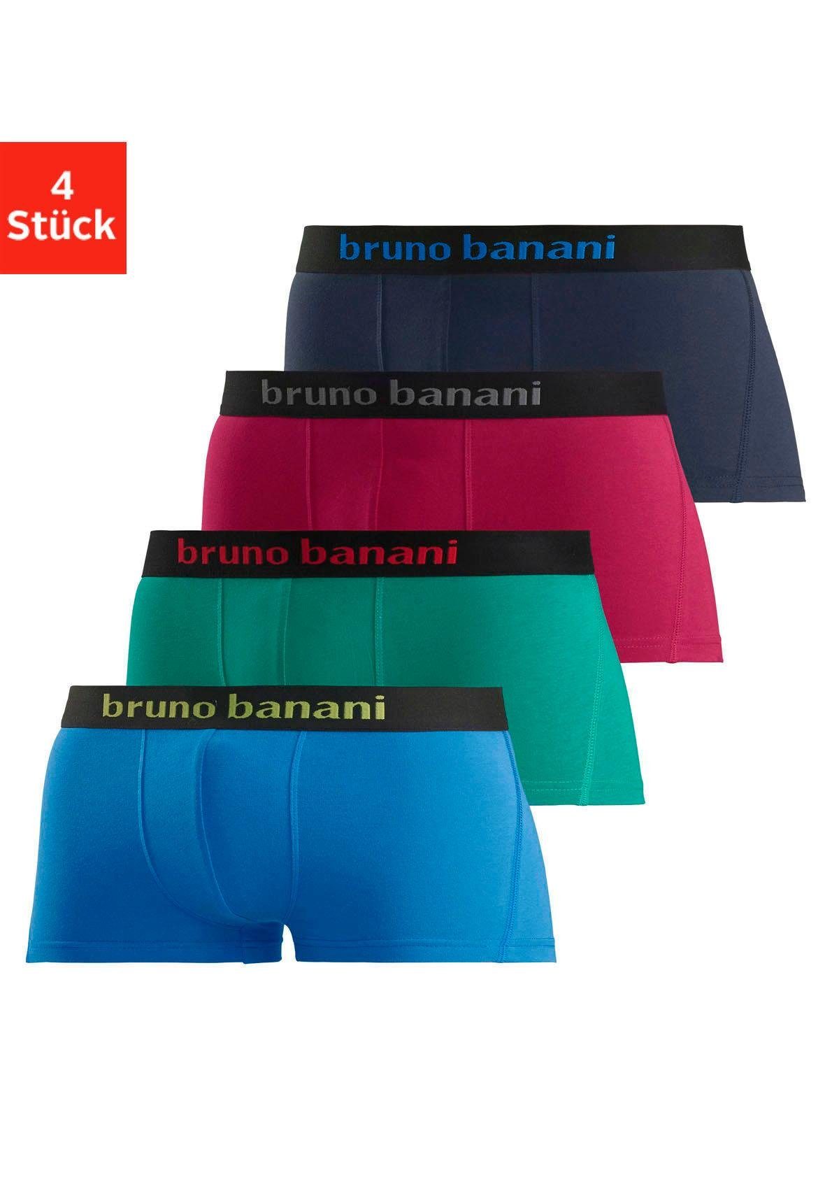 Bruno Banani Boxershorts (Packung, 4-St) in Hipster-Form mit Logo Webbund blau, grün, rot, marine