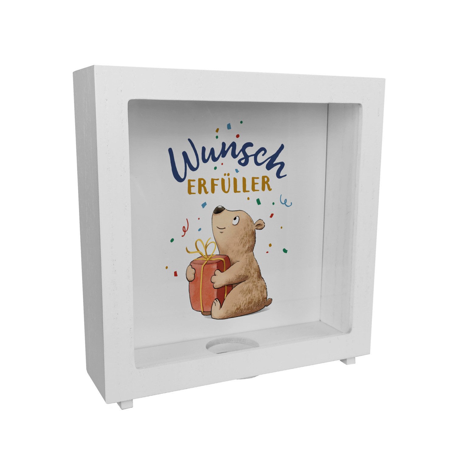 Spardose Bär mit Geschenk Rahmen Spardose aus Holz mit Spruch Wunscherfüller