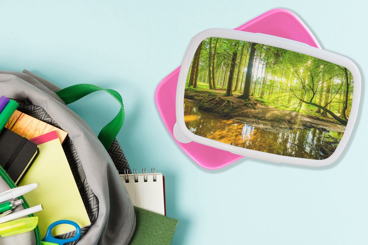 MuchoWow Lunchbox Wald - Landschaft Snackbox, - Kinder, Kunststoff Kunststoff, Erwachsene, (2-tlg), Mädchen, für Sonne - - Bäume - Grün Brotbox Wasser Brotdose Natur, rosa 