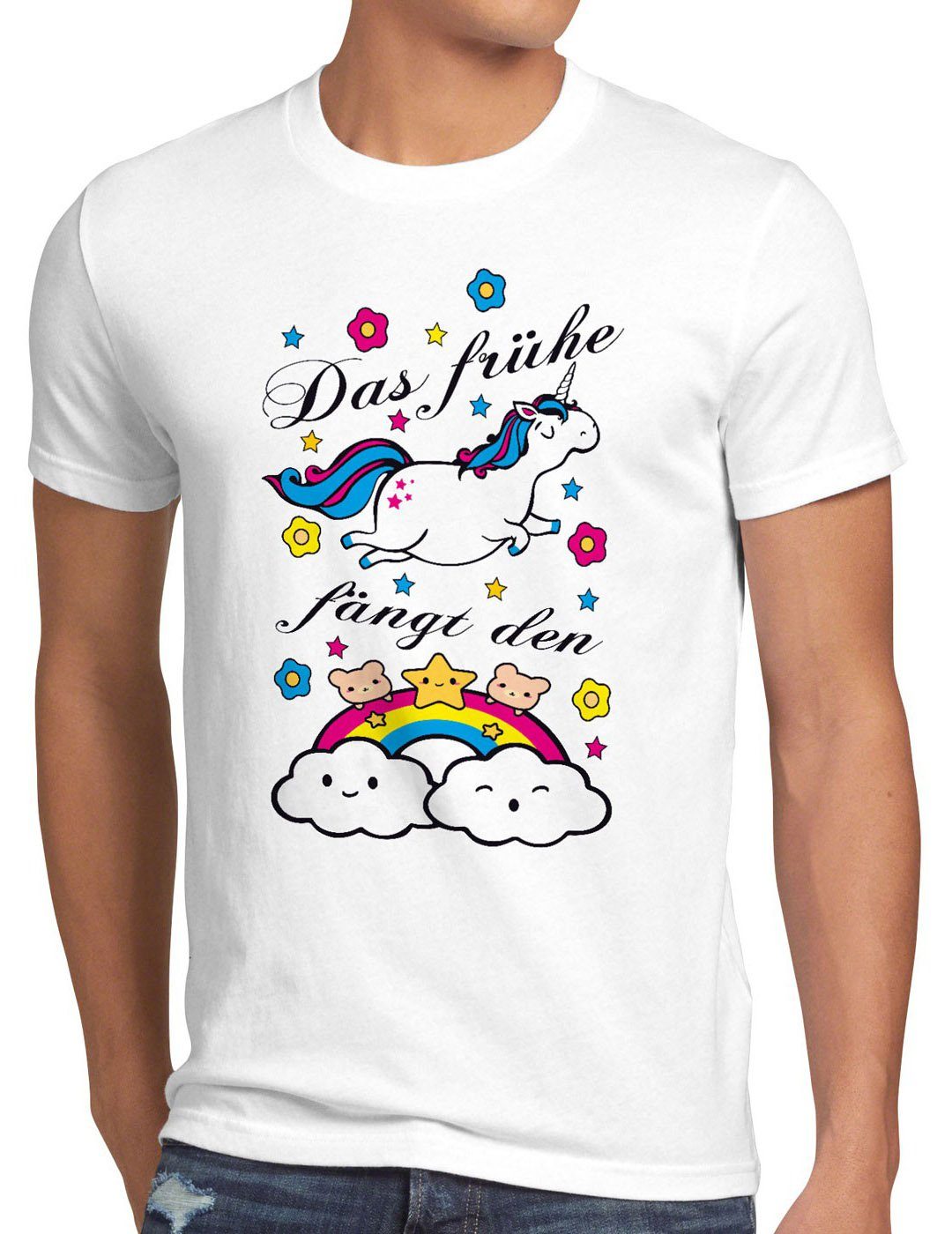 style3 Print-Shirt Herren T-Shirt Das frühe Einhorn fängt Regenbogen Unicorn spruch fun süß kinder weiß