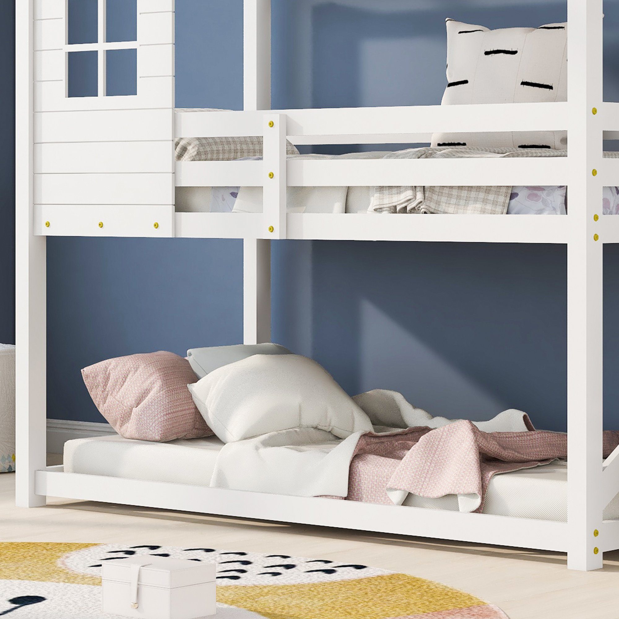 | Weiß Hochbett Etagenbett mit Kinderbett Fenster, Weiß Hausbett 90x200cm Ulife Kiefer Treppe mit Weiß aus
