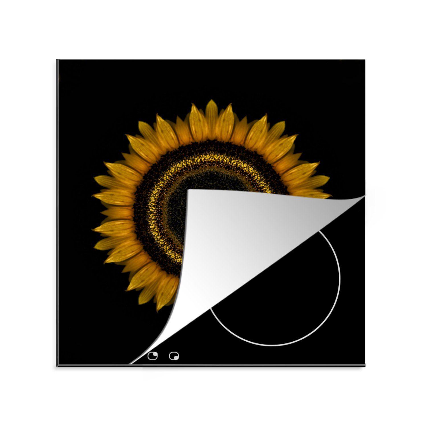 MuchoWow Herdblende-/Abdeckplatte Mandala einer Sonnenblume auf schwarzem Hintergrund, Vinyl, (1 tlg), 78x78 cm, Ceranfeldabdeckung, Arbeitsplatte für küche
