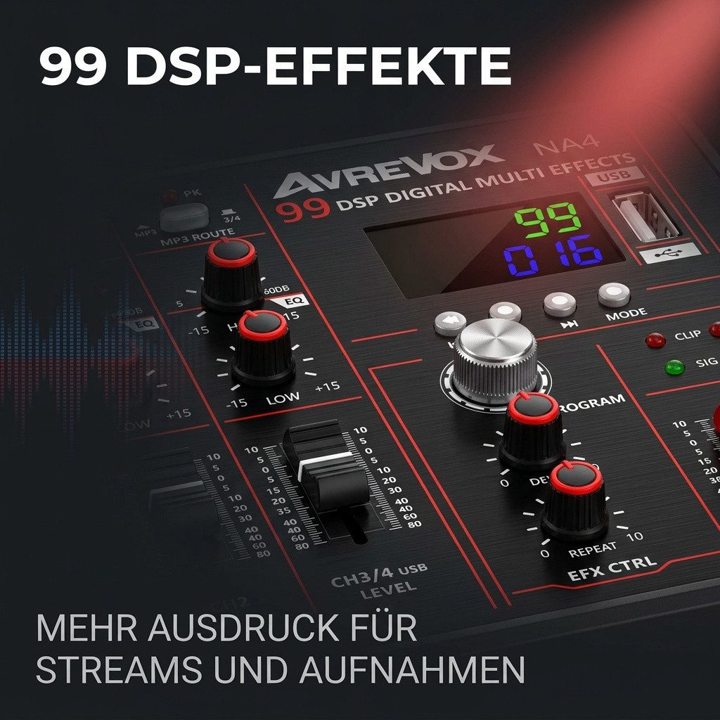 nsihing Mischpult 4-Kanal Mini-Mixer - Live/Studio DJ Mixer, Kompaktes Mischpult, mit Bluetooth und USB-Recording – Bild 3 von 5