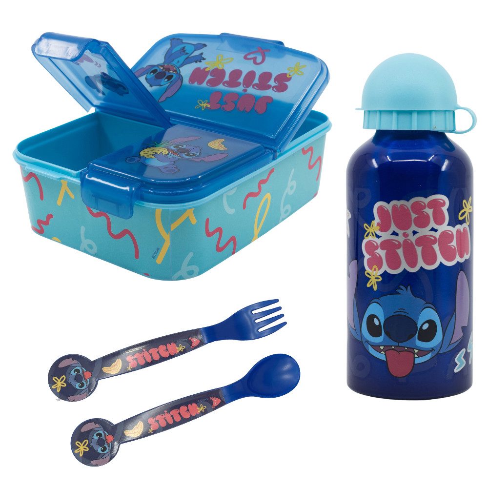 Disney Lunchbox Disney Stitch 4 tlg. Lunch Set Brotdose mit 3 Kammern Alu-Trinkflasche, Kunststoff Alu, (4-tlg)