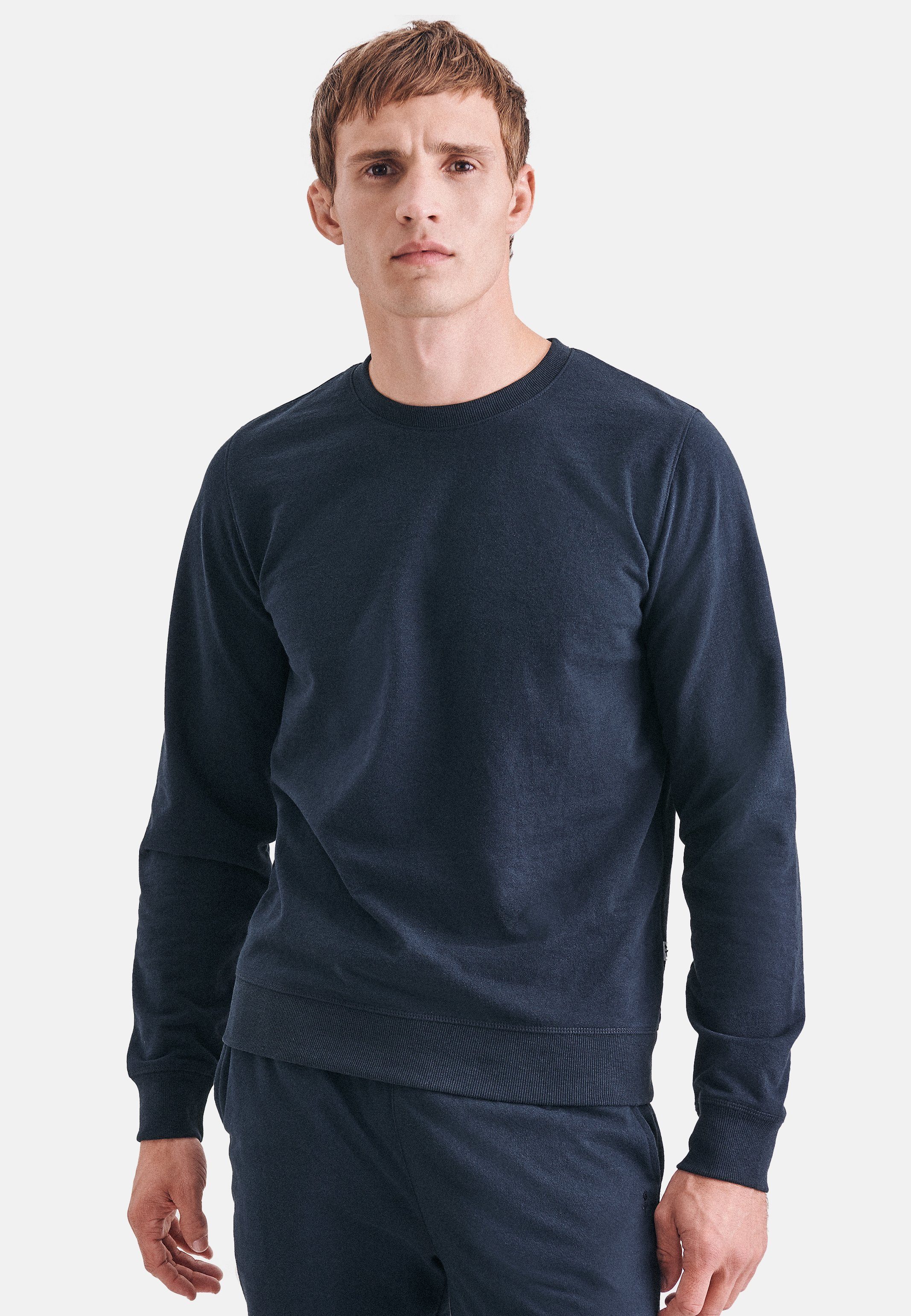 Bündchen (1-tlg) Jersey, Pyjamaoberteil Weiche - Sweater - Herren Heavy Sweatshirt seidensticker Baumwolle aus Navy