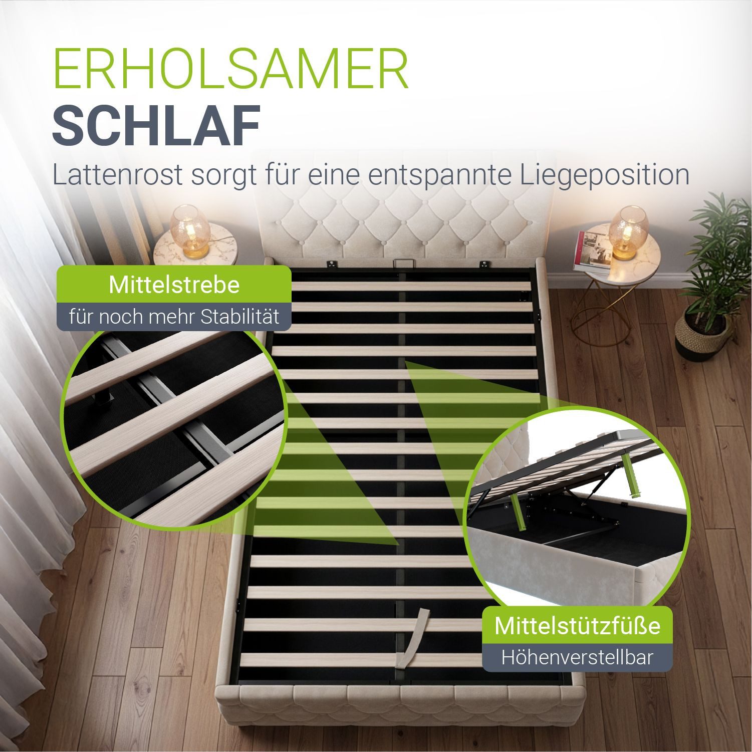 Juskys Polsterbett Nizza, 120x200 cm, LED Licht, Stauraum, Samtbezug, inkl. Matratze