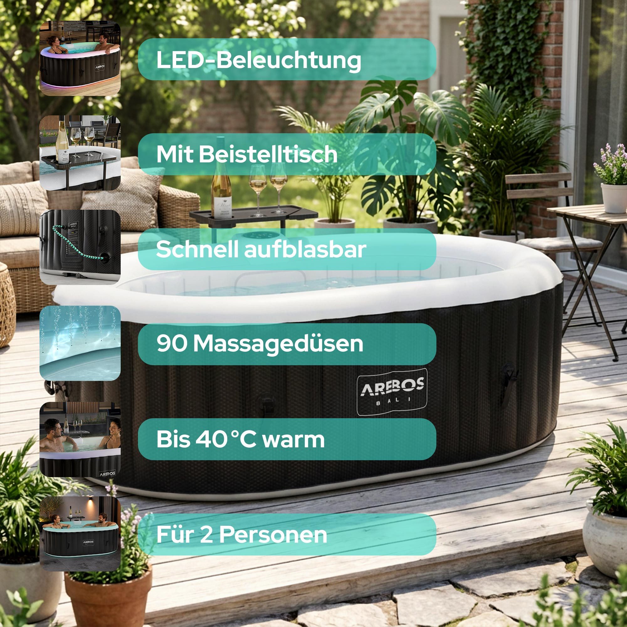 Arebos Whirlpool BALI aufblasbar für 2 Personen mit 90 Massagedüsen, (Komplett-Set, mit LED-Beleuchtung, 190 x 120 cm), für Outdoor & Indoor