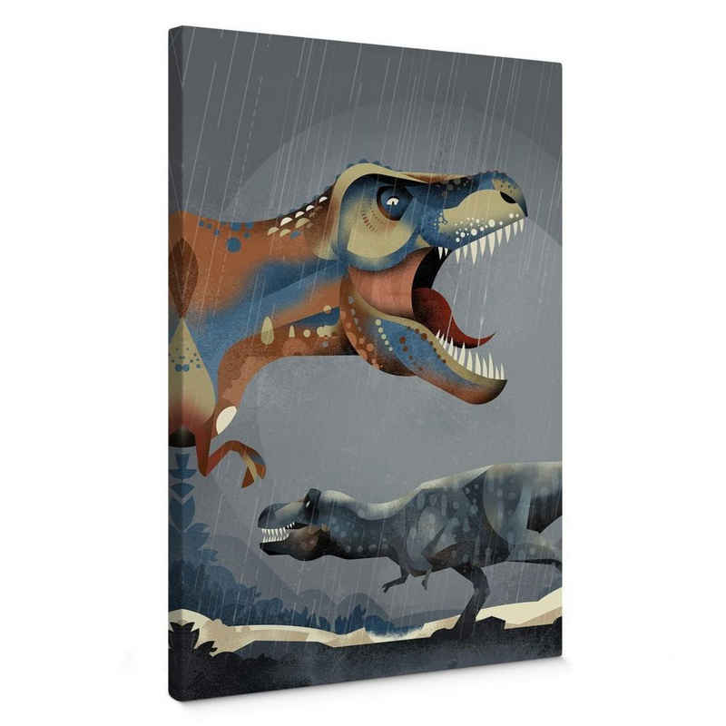 K&L Wall Art Leinwandbild Leinwandbild Kinderzimmer Steinzeit Dino Braun Dinosaurier T-Rex, Wanddeko Holz Bilderrahmen