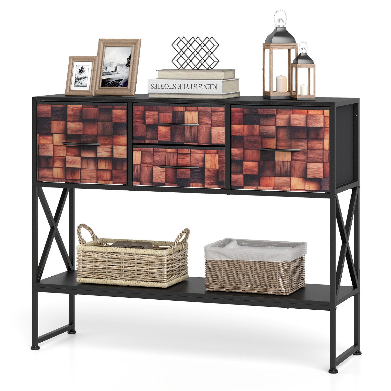 COSTWAY Konsolentisch, Eingangtisch mit 4 Schubladen, Regal, Holz-Mosaikmuster
