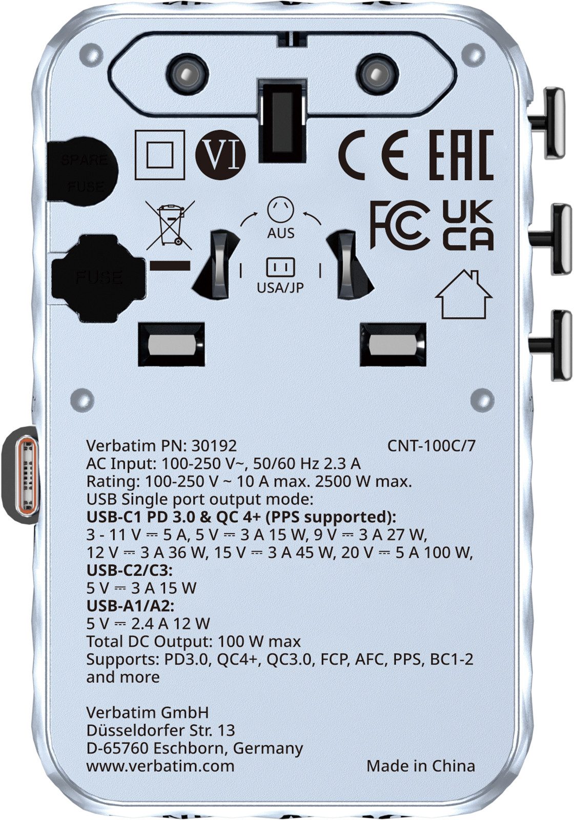 Verbatim Charge 'n' Travel Adapter - 100W GaN USB-C Kabel blau, Reiseadapter EU-Stecker, Australien-Stecker, UK-Stecker, US/Japan-Stecker, USB-C zu AC-Steckdose, USB-A, USB-C, Integriertes, einziehbares USB-C-Kabel