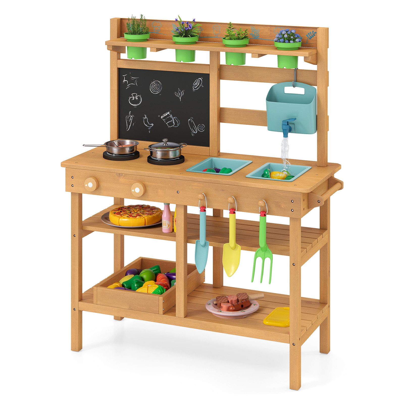 KOMFOTTEU Outdoor-Spielküche, mit abnehmbaren Spülen, Tafel, Herd, Blumentöpfen & Gartenwerkzeugen