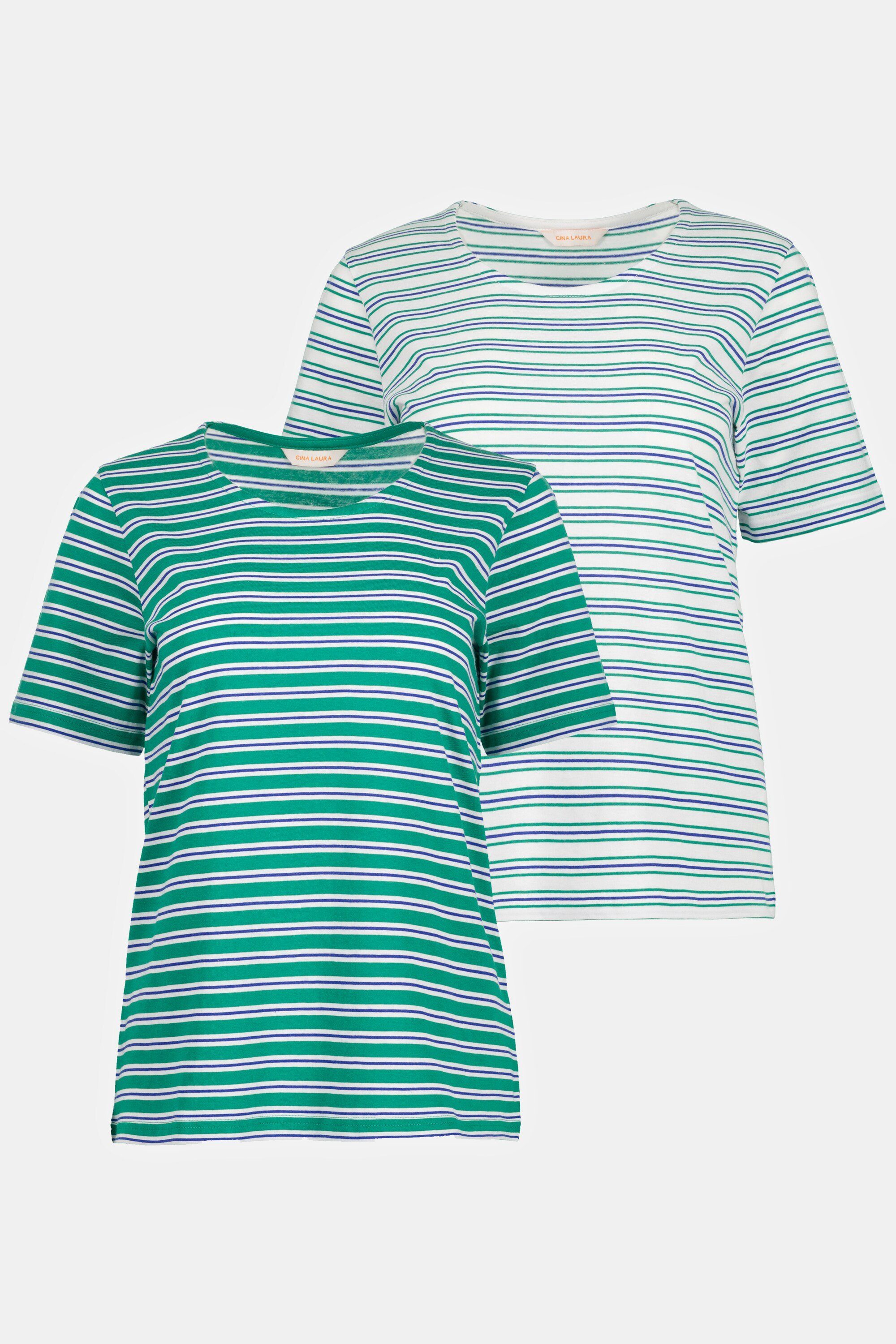 Gina Laura (2-tlg) Ringel T-Shirts Rundhalsshirt 2er-Pack grasgrün Rundhals Halbarm