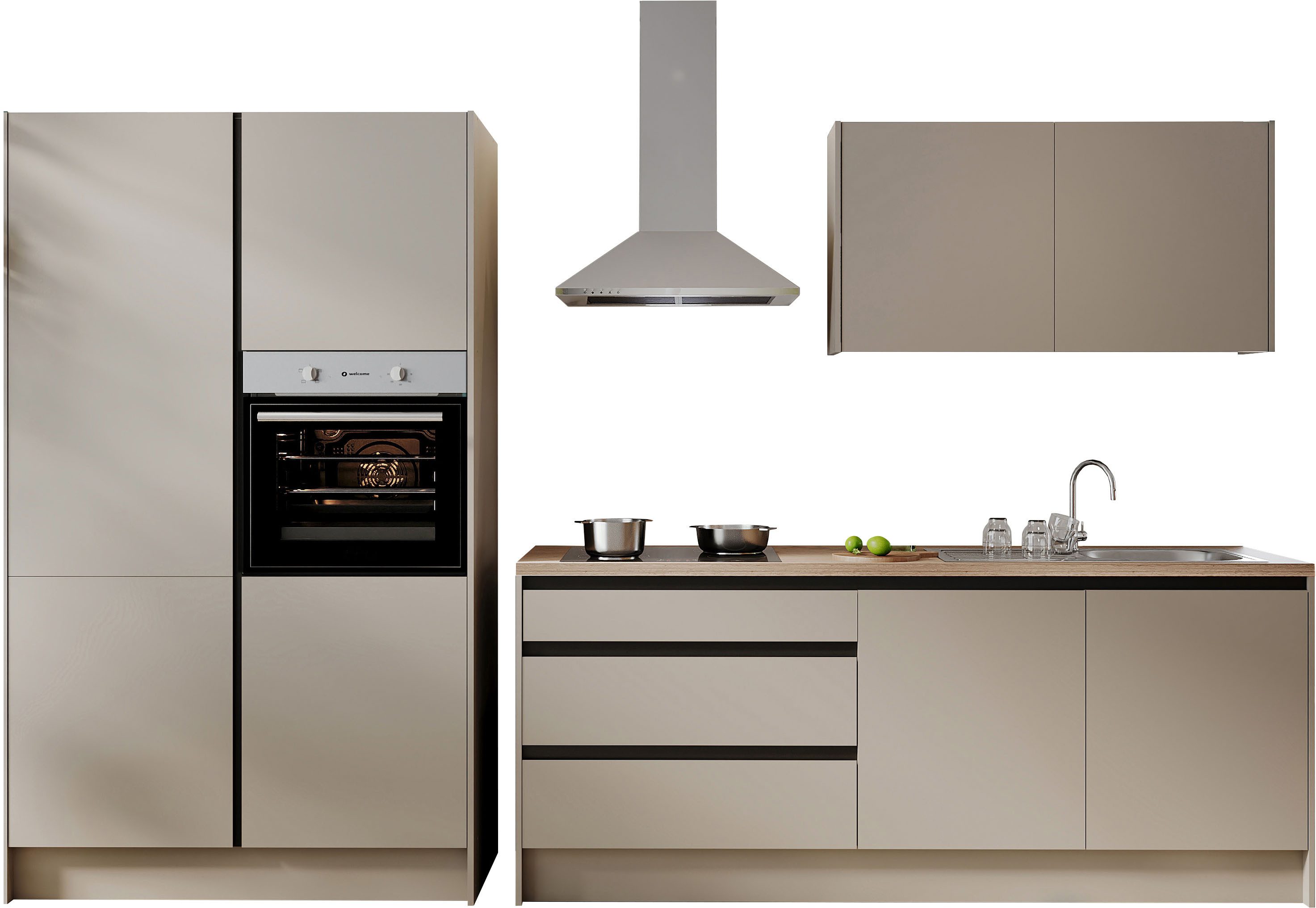 BASIC by Balculina Küchenzeile Isis B/T/H 335x60x210 cm, Breite 273 cm, wahlweise mit E-Geräten und Induktionskochfeld