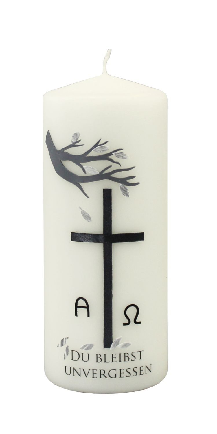 INNA-Glas Grabkerze ROSWITHA, Du bleibst unvergessen, elfenbein-schwarz, 20cm, Ø7,8cm
