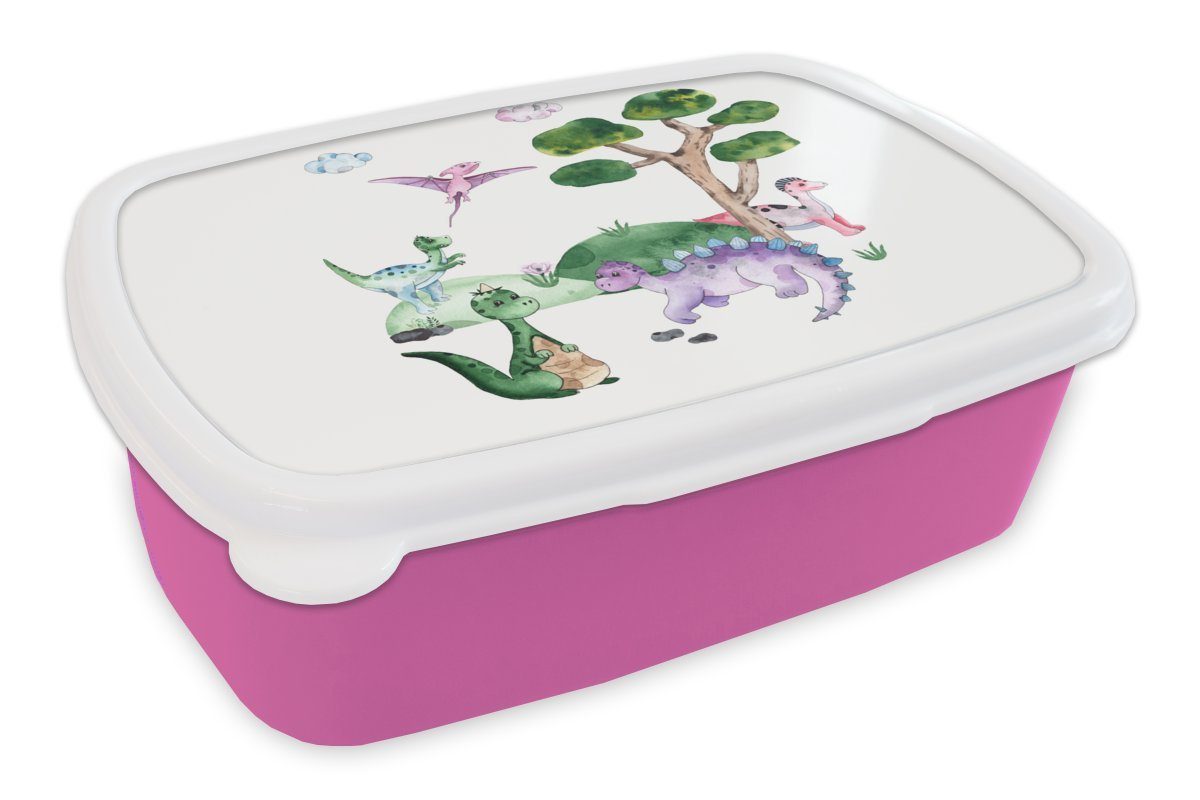 MuchoWow Lunchbox Kinderzimmer - Farben - Dinosaurier - Jungen - Mädchen - Kinder, Kunststoff, (2-tlg), Brotbox für Erwachsene, Brotdose Kinder, Snackbox, Mädchen, Kunststoff rosa