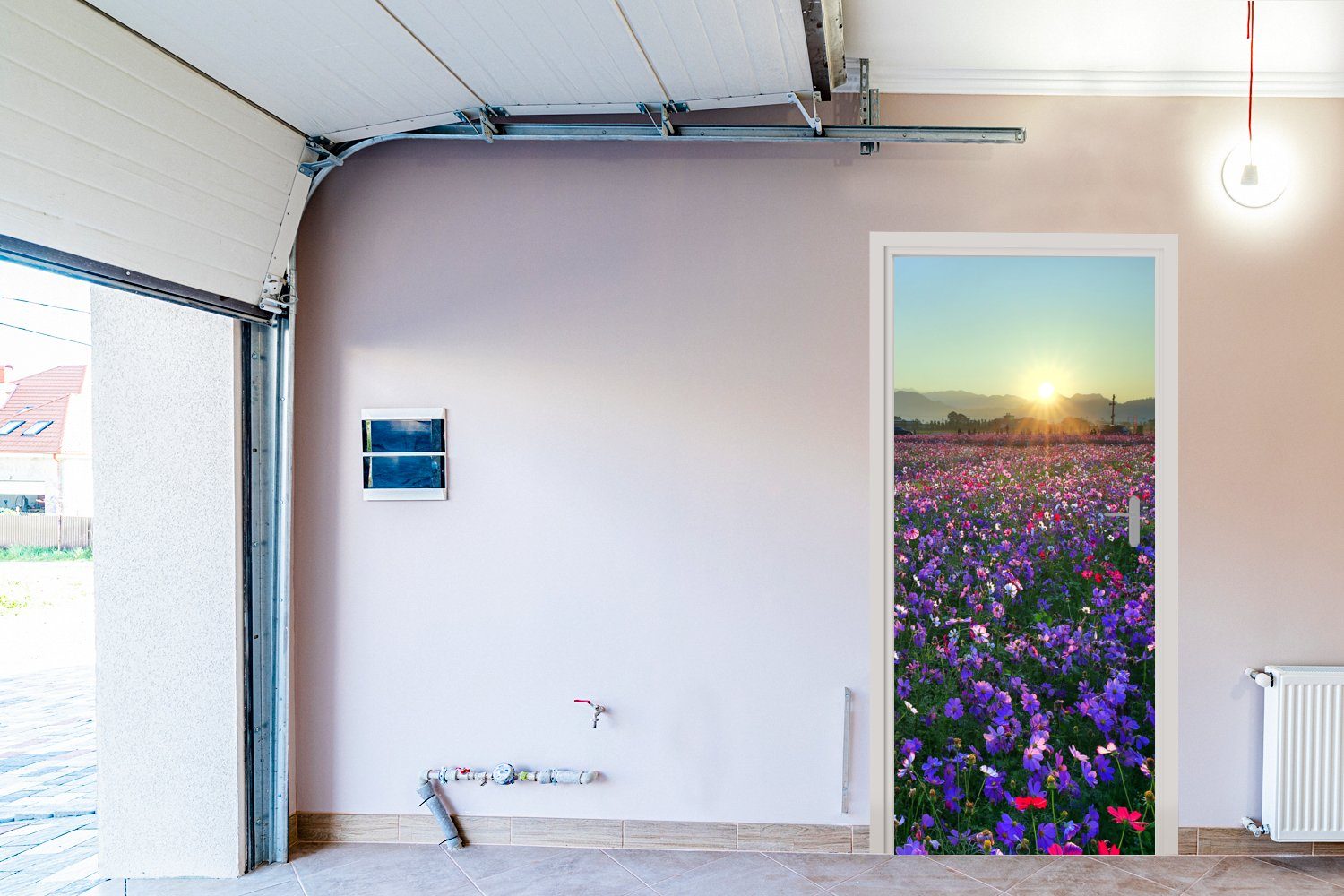 Türaufkleber, Türtapete St), Tür, Blumen bedruckt, Fototapete - für Sonnenuntergang, MuchoWow (1 cm Matt, Lila - 75x205