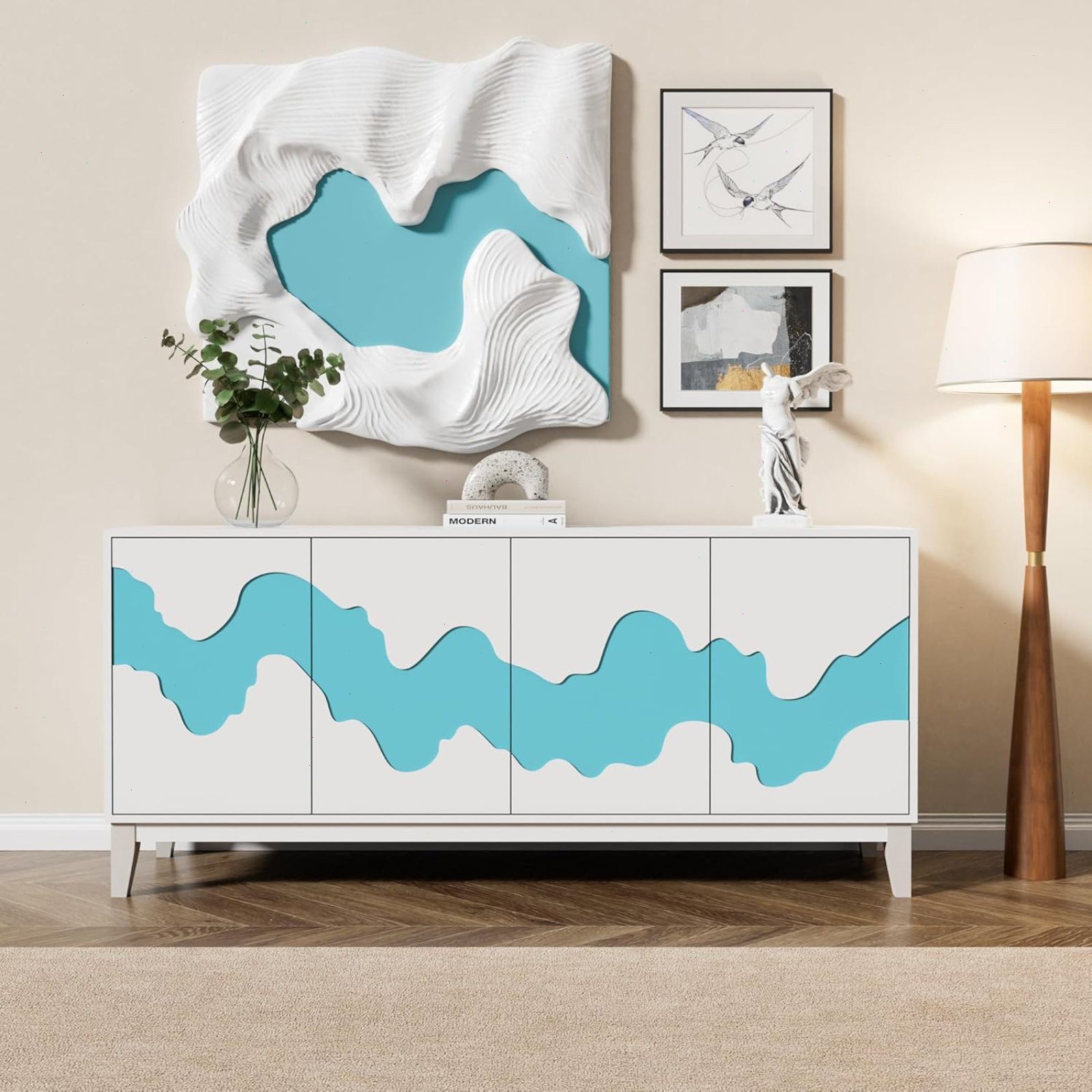 UEV Sideboard mit 4 Türen, Modern Kommode mit Wellenmuster Buffet für Küche (Packung, 160x40x73cm Highboard TV Schrank, Mehrzweckschrank), verstellbare Ablage, Anti-Kipp Schutz, Drucktüröffner