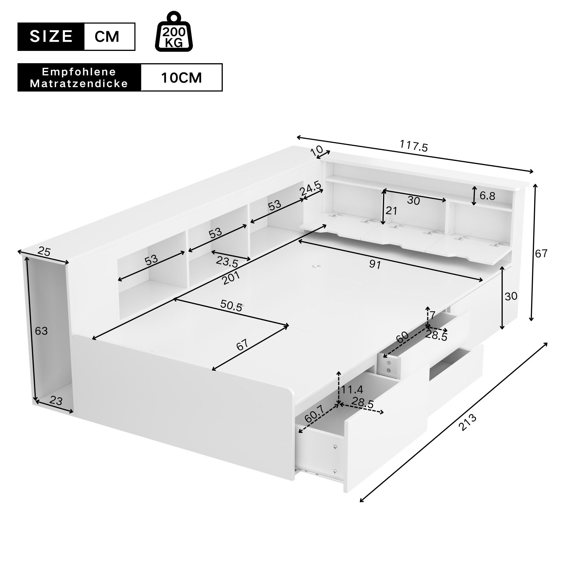 KLAM HOME Kinderbett 90*200cm, Einzelbett, Multifunktionales Kinderbett mit Schubladen, Bücherregal und Stauschrank, Bettkasten mit Stauraum, ohne Matratze