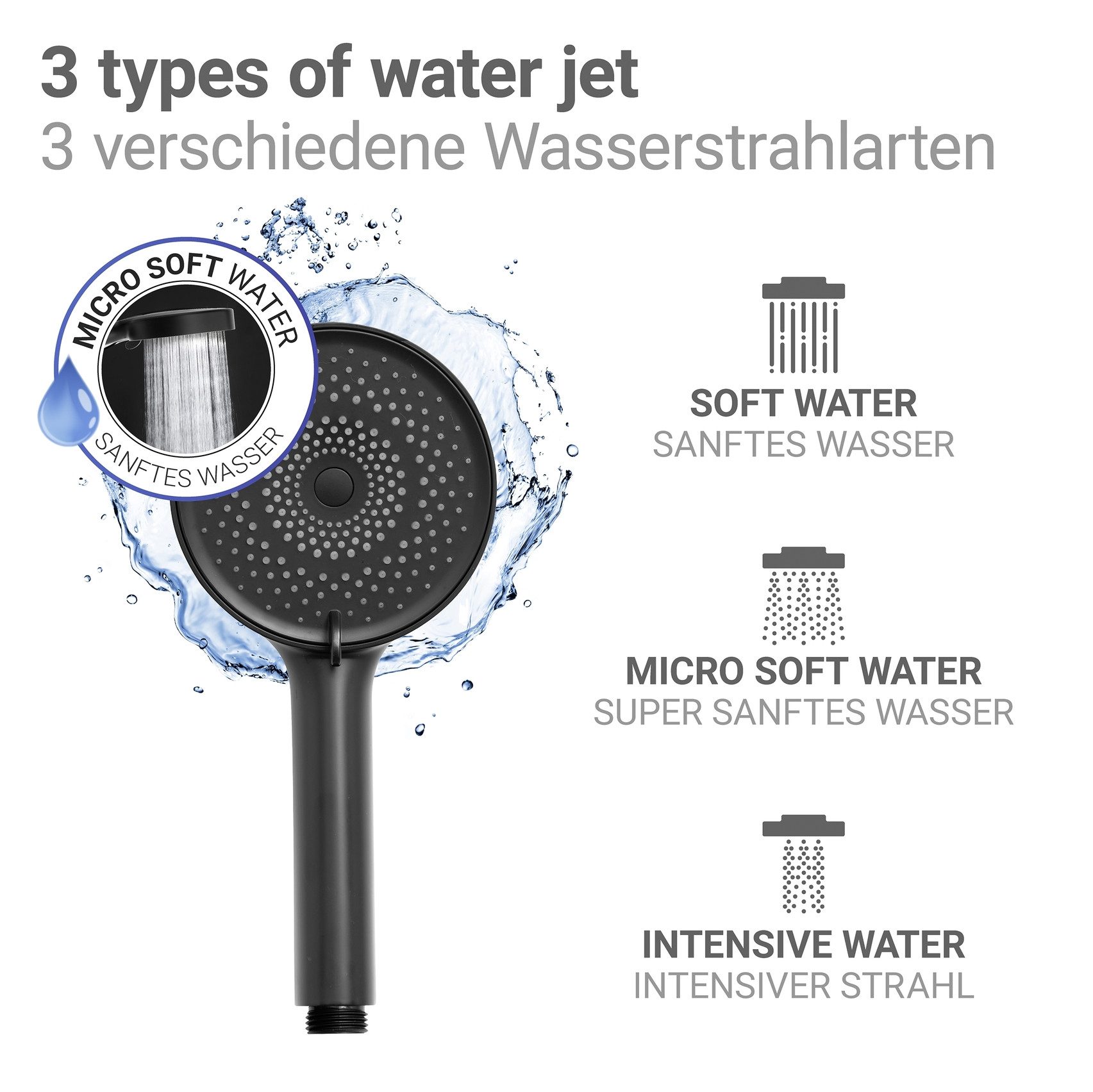 WENKO Handbrause Softwater, Duschkopf mit 3 Strahlarten, Ø 12 cm, mikrofeine Düsen, sanftes Wasser