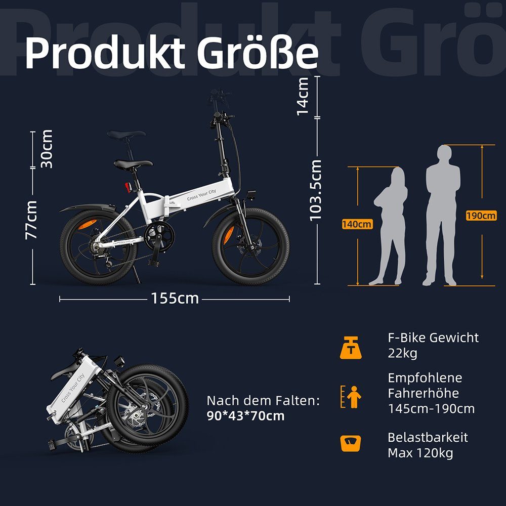 Faltbares Zoll Gang 1.95 ADO Schwarz E-Fahrrad Shimano, E-Bike 7 klapprad, Elektrofahrrad Kettenschaltung A20 * 20