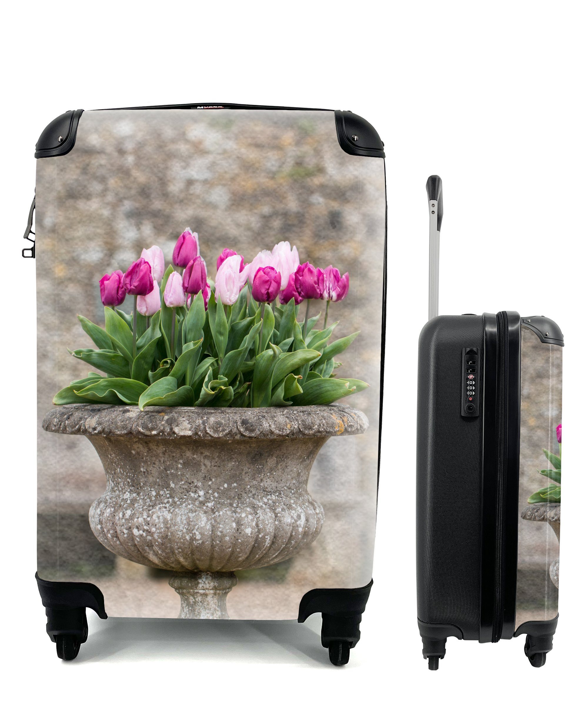 MuchoWow Handgepäckkoffer Ein Pflanzgefäß aus Stein mit rosa Tulpen, 4 Rollen, Reisetasche mit rollen, Handgepäck für Ferien, Trolley, Reisekoffer