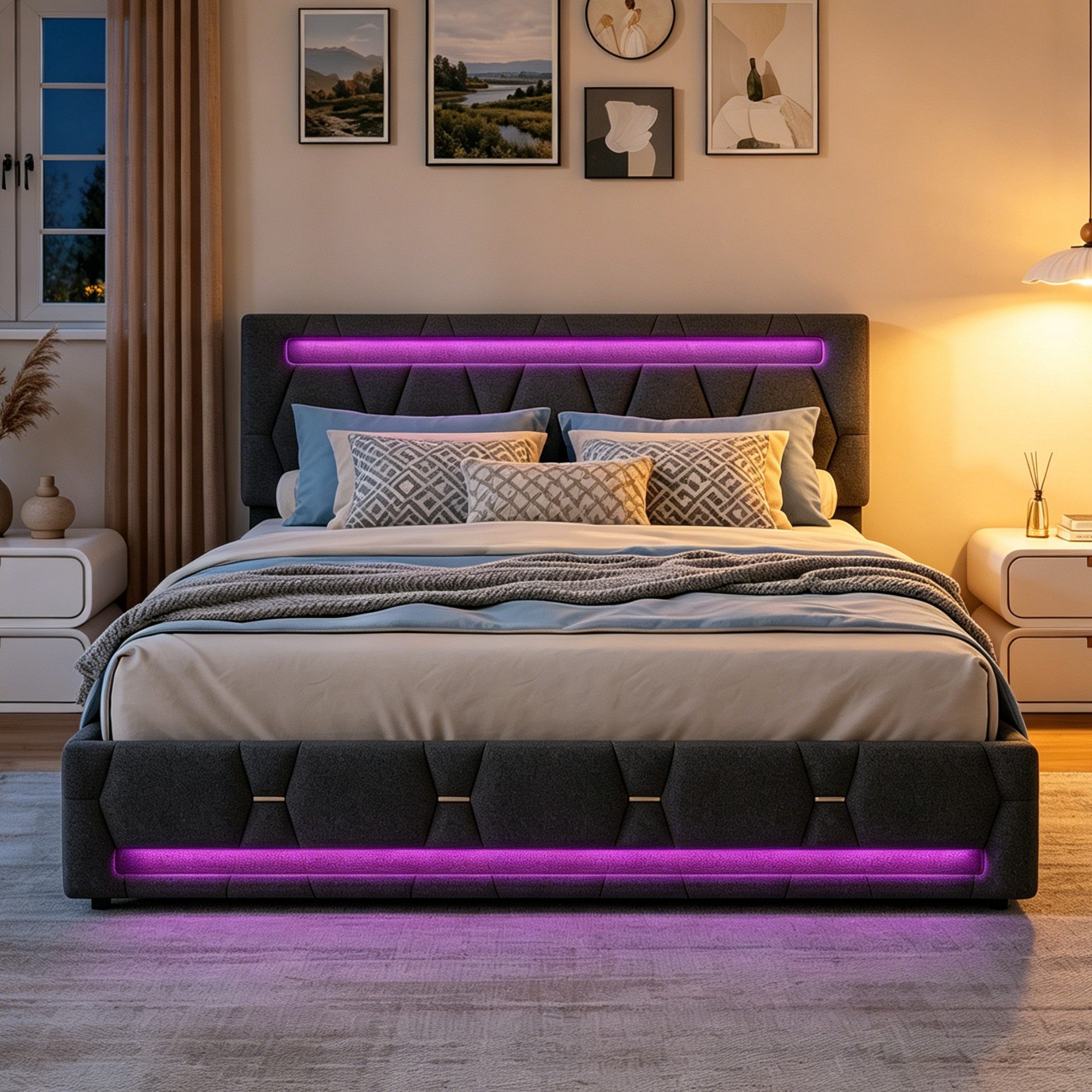 Simurq Polsterbett Jugendbett Doppelbett LED Stauraumbett mit 4 Schubladen, Polsterbett mit Lattenrost und Kopfteil, Leinen, ohne Matratze