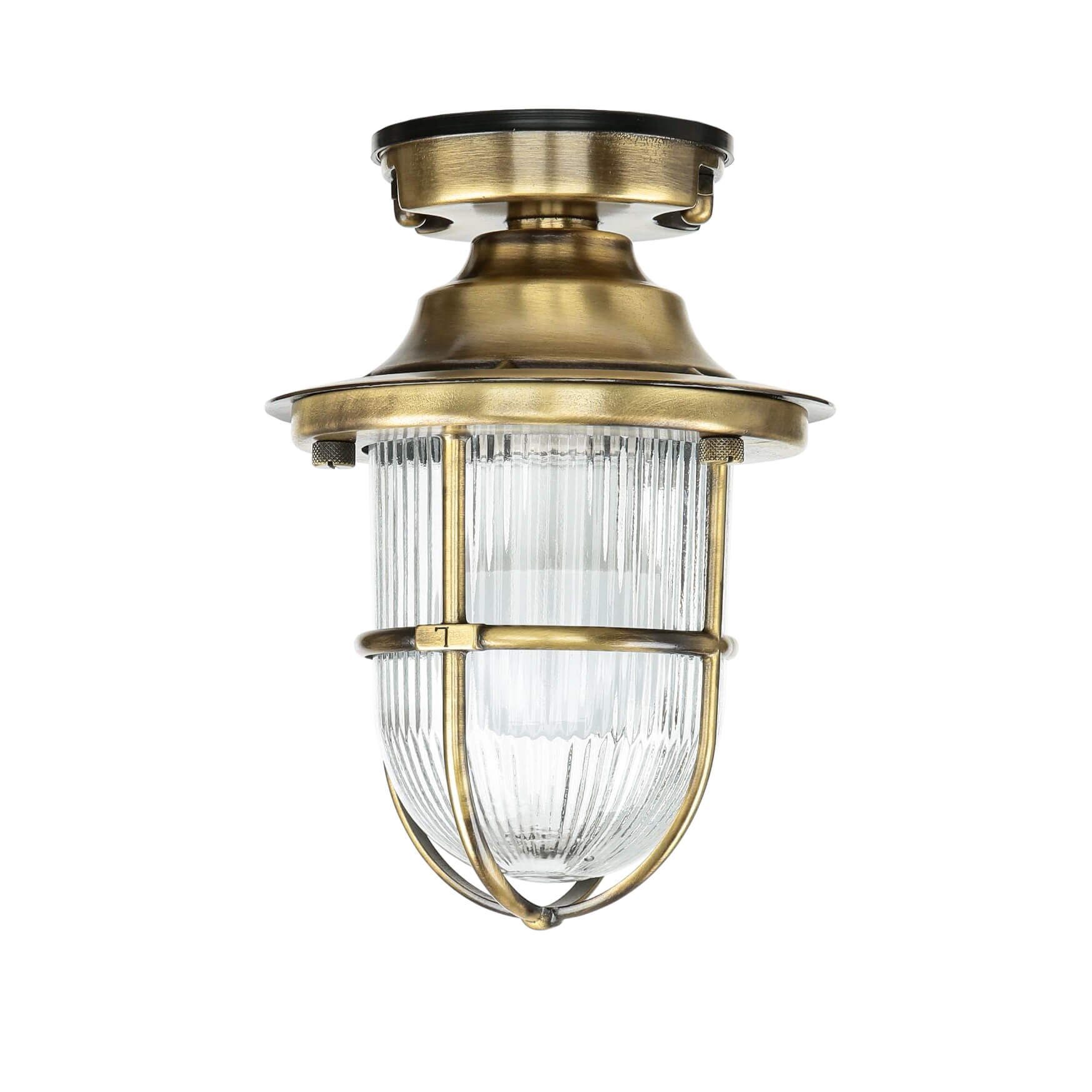 Licht-Erlebnisse Außen-Deckenleuchte SANTORIN, ohne Leuchtmittel, Echt-Messing Riffelglas E27 H: 23 cm Ø 16 cm in Antik Maritim
