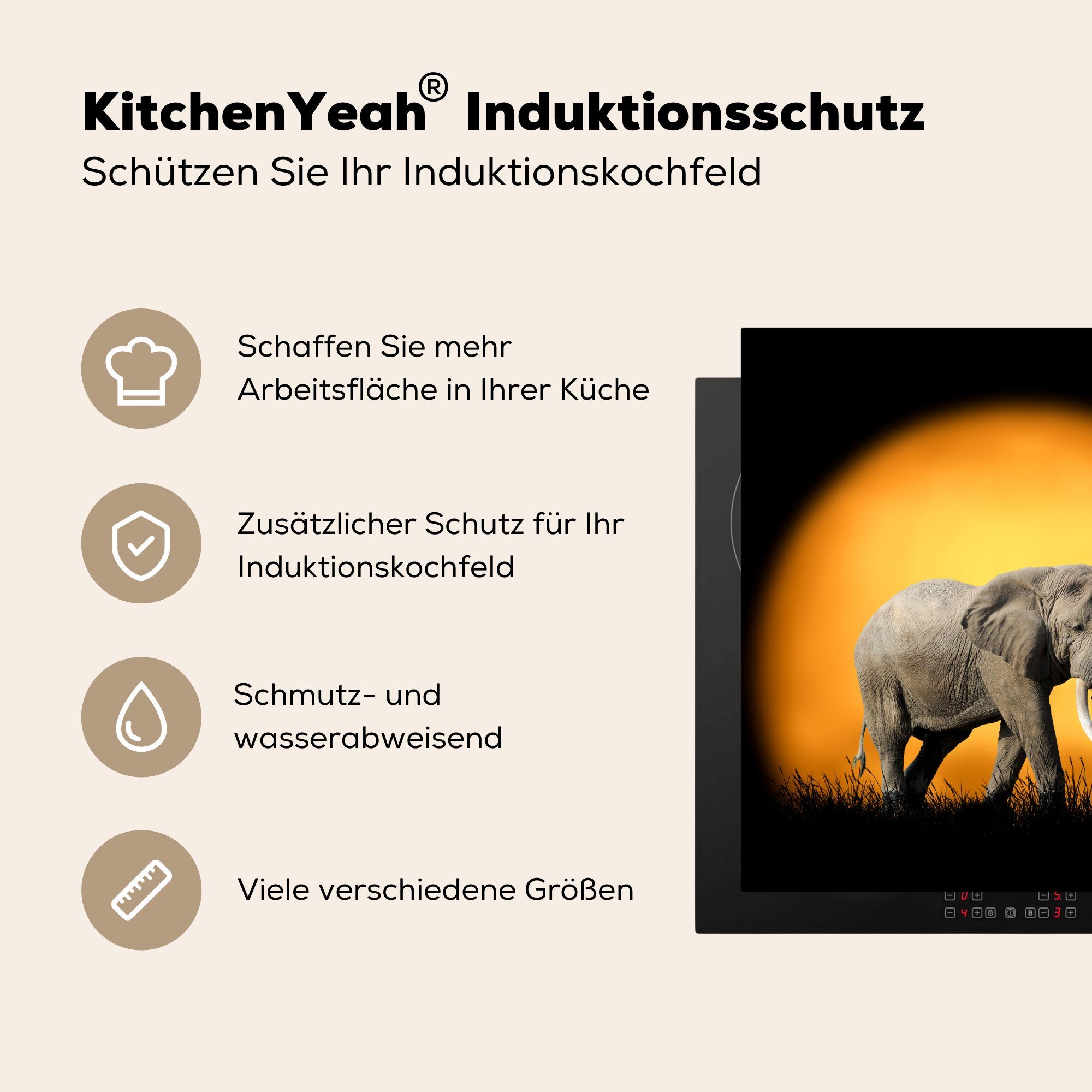 Vinyl, Zähne, MuchoWow cm, Sonne Elefant küche für Herdblende-/Abdeckplatte Arbeitsplatte - Ceranfeldabdeckung, - 78x78 tlg), (1