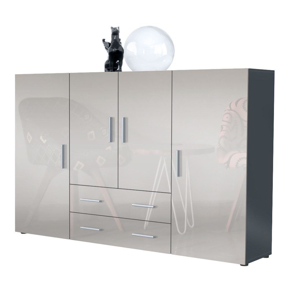 Vladon Highboard Nora (Anrichte mit 2 Schubladen und 4 Türen, mit insgesamt 8 Fächer dahinter), Anthrazit matt/Sandgrau Hochglanz (166,5 x 106,5 x 35 cm)