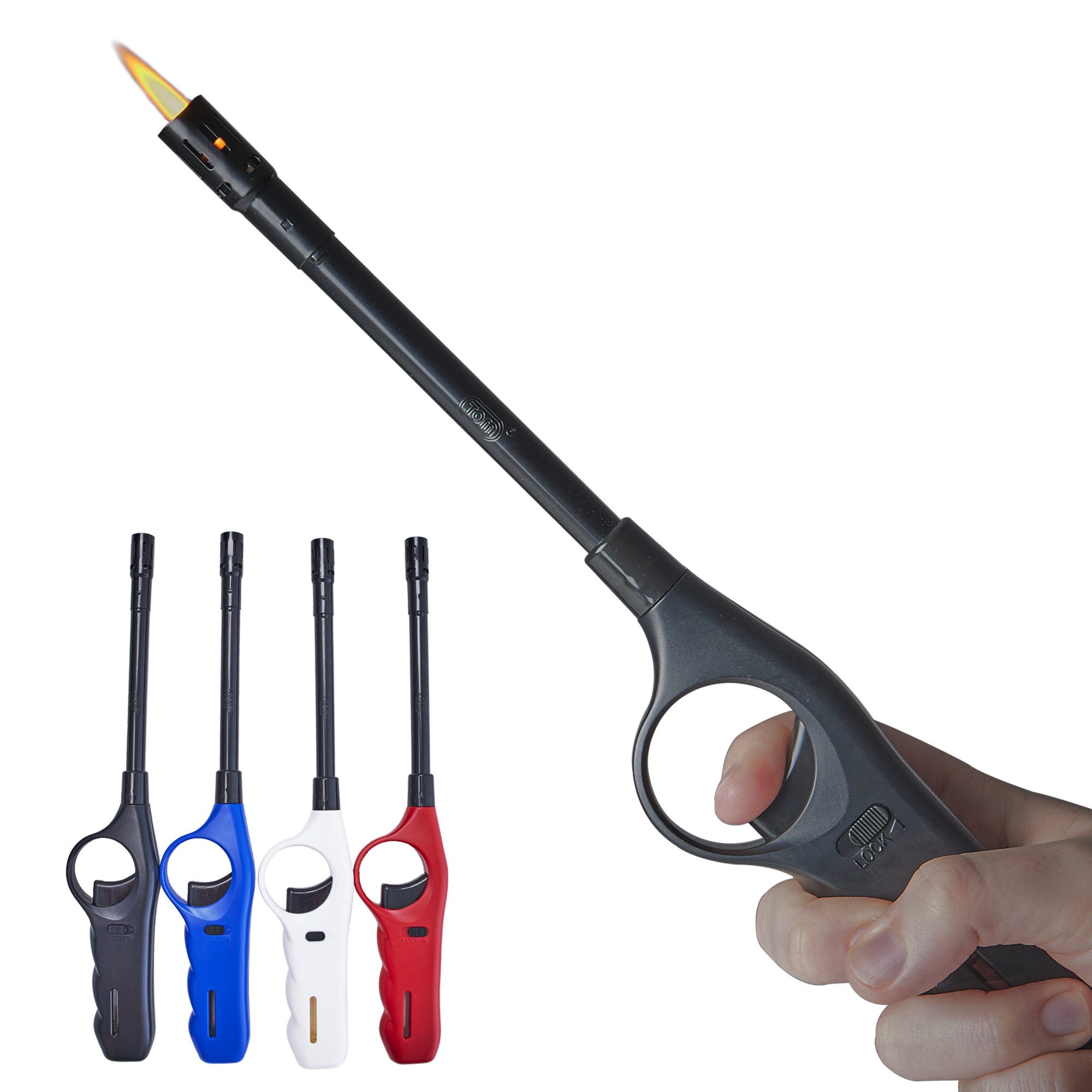 TOM Feuerzeuge 4 x Stabfeuerzeuge mit Sturmflamme Nachfüllbar (4-St), Sturmfeuerzeug - 28,3 cm - Kindersicherung - Gas-Füllstandanzeige