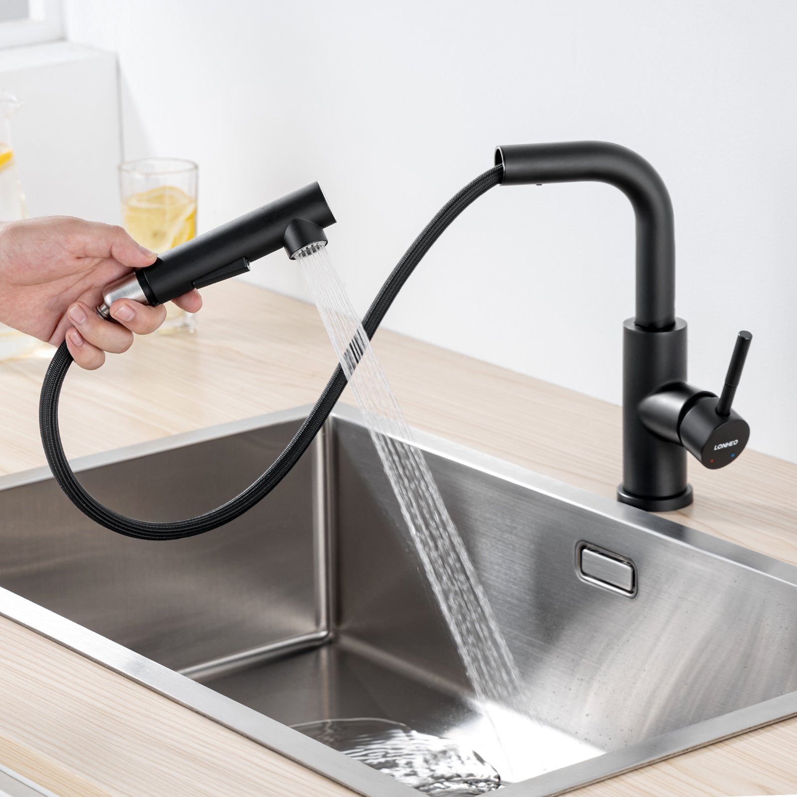 Mischbatterie Wasserhahn Lonheo Brause Niederdruck Küchenarmatur Schwarz Ausziehbar mit 360° ausziehbar Spültischarmatur